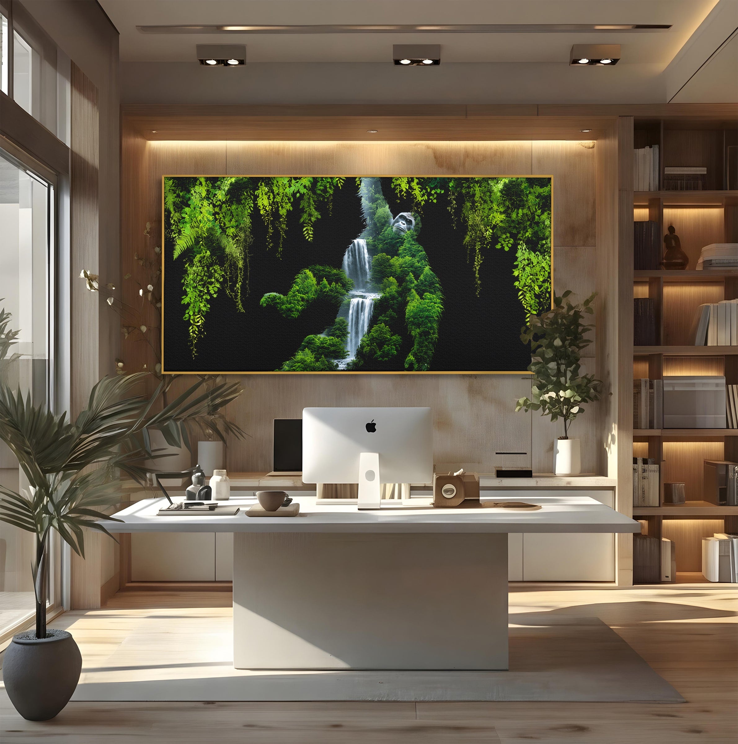 Tablou Canvas Premium LuxCanva® M1646, Gorila Din Jungla, Gorila, Jungla, Cascada, Natura, Living, Culori Vibrante