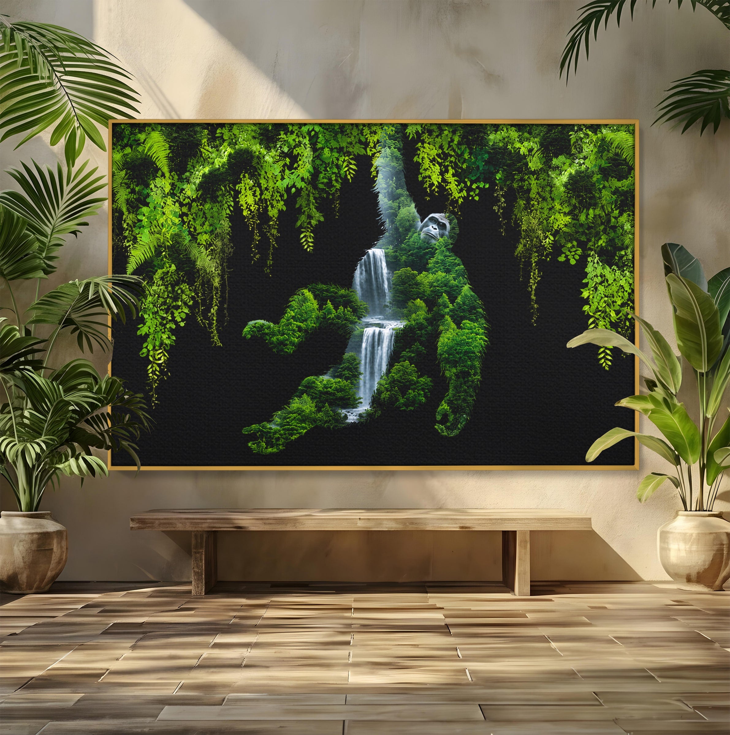 Tablou Canvas Premium LuxCanva® M1646, Gorila Din Jungla, Gorila, Jungla, Cascada, Natura, Living, Culori Vibrante