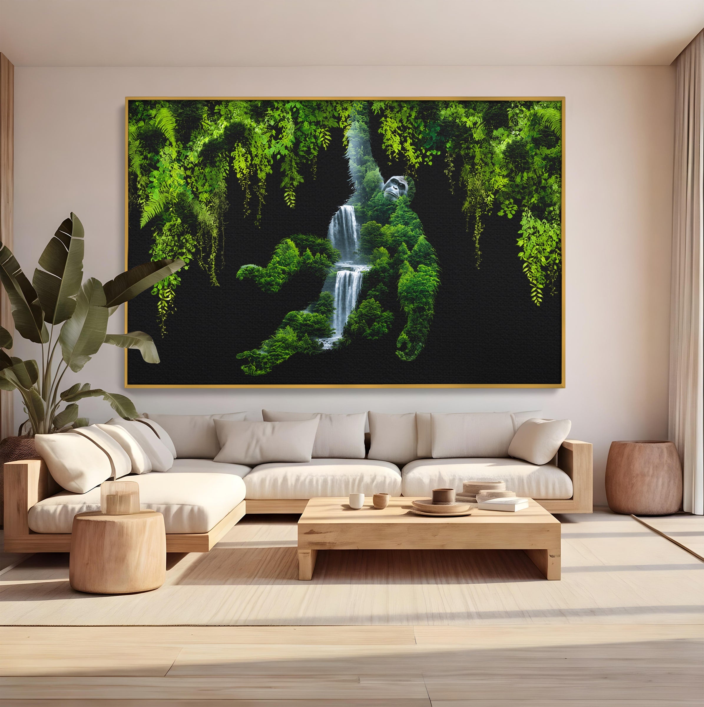 Tablou Canvas Premium LuxCanva® M1646, Gorila Din Jungla, Gorila, Jungla, Cascada, Natura, Living, Culori Vibrante
