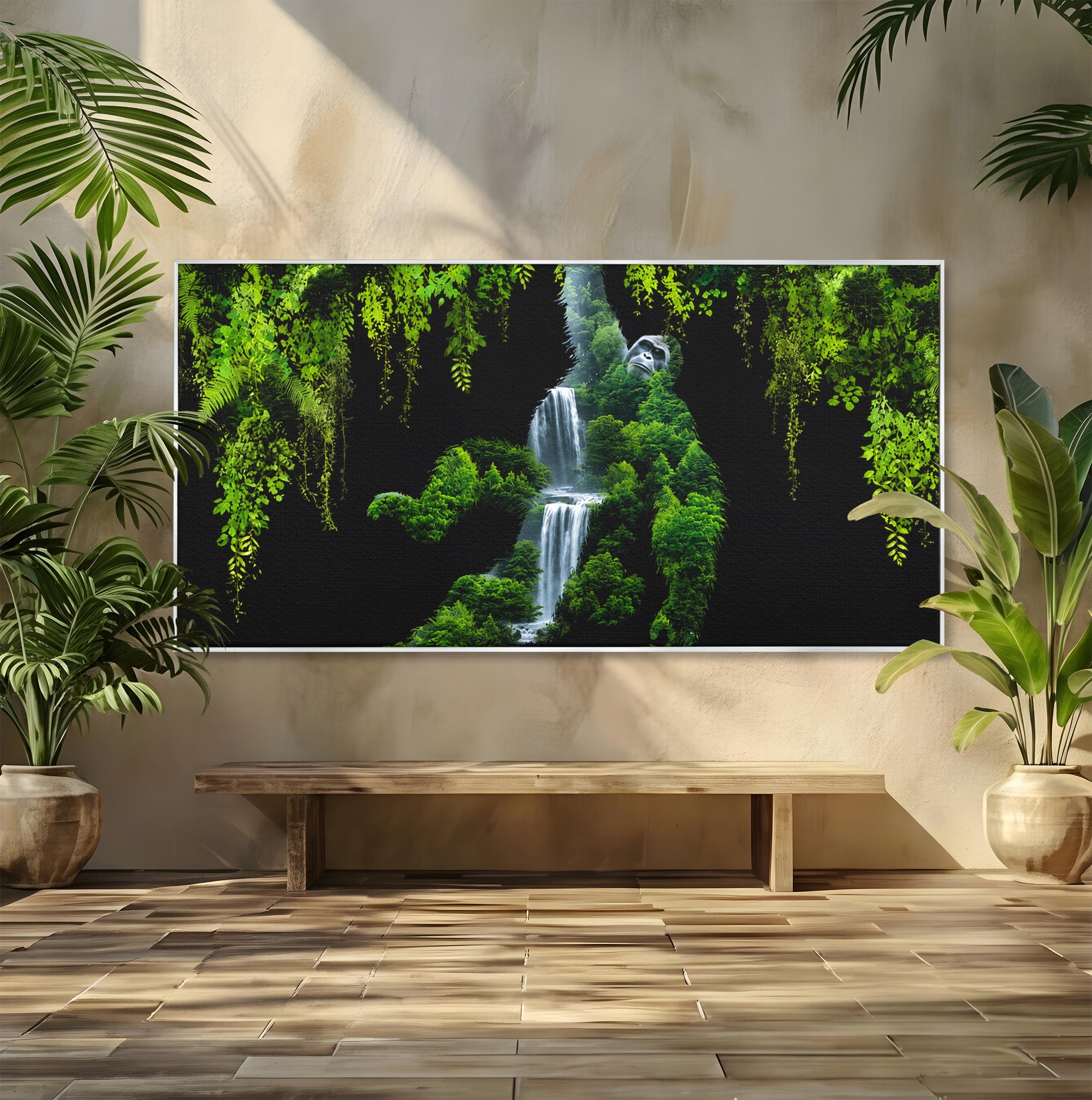Tablou Canvas Premium LuxCanva® M1646, Gorila Din Jungla, Gorila, Jungla, Cascada, Natura, Living, Culori Vibrante