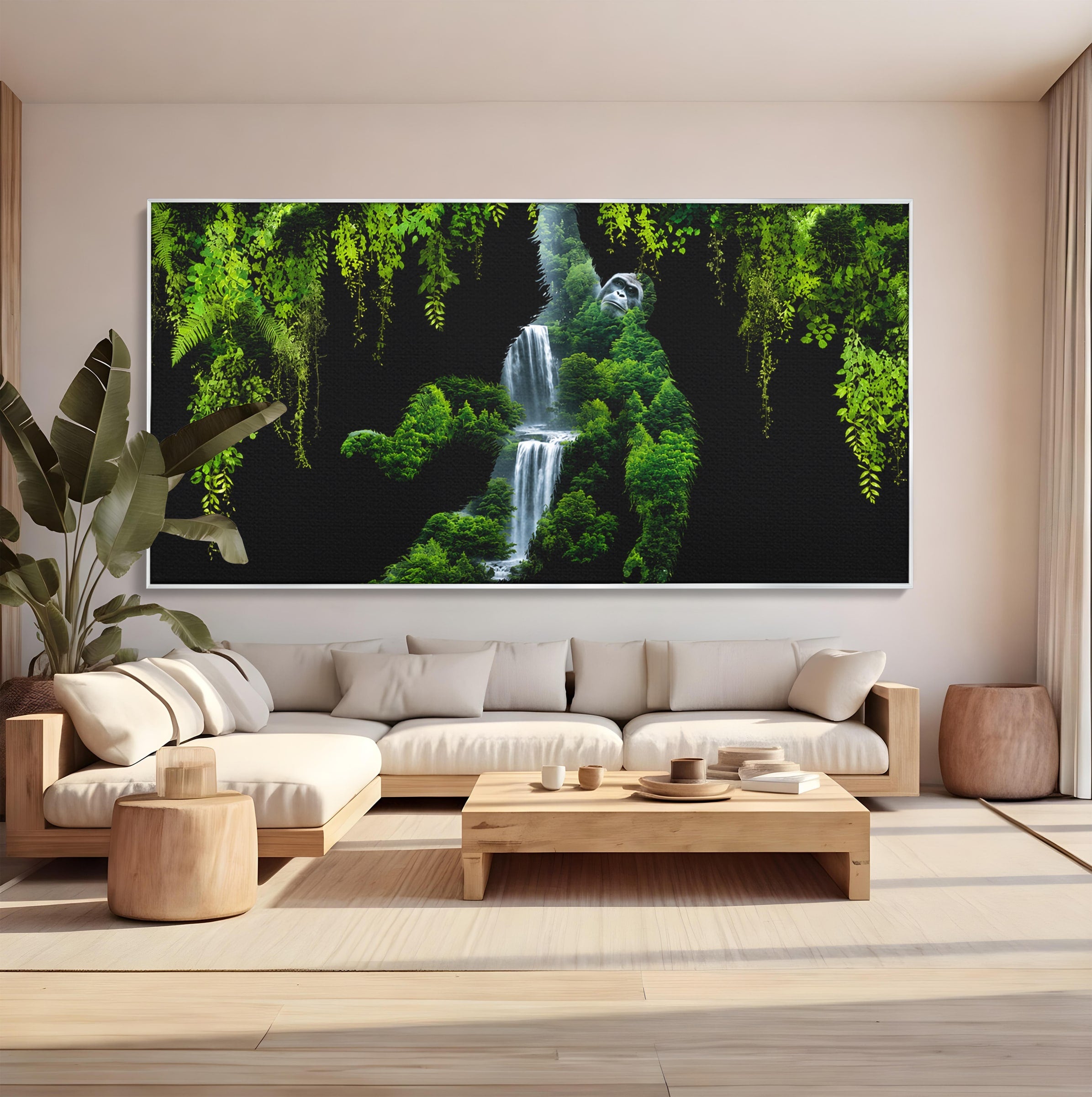 Tablou Canvas Premium LuxCanva® M1646, Gorila Din Jungla, Gorila, Jungla, Cascada, Natura, Living, Culori Vibrante