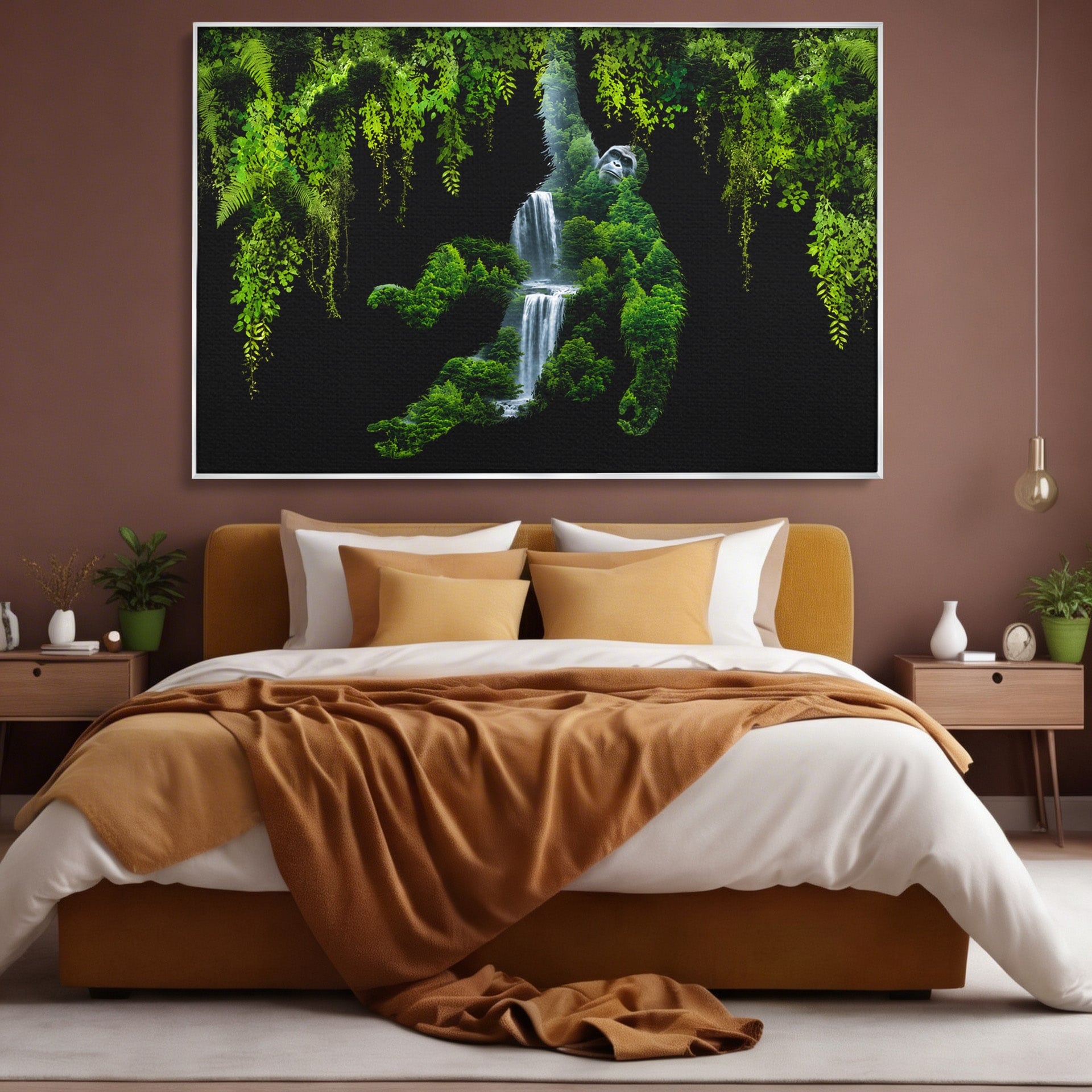 Tablou Canvas Premium LuxCanva® M1646, Gorila Din Jungla, Gorila, Jungla, Cascada, Natura, Living, Culori Vibrante