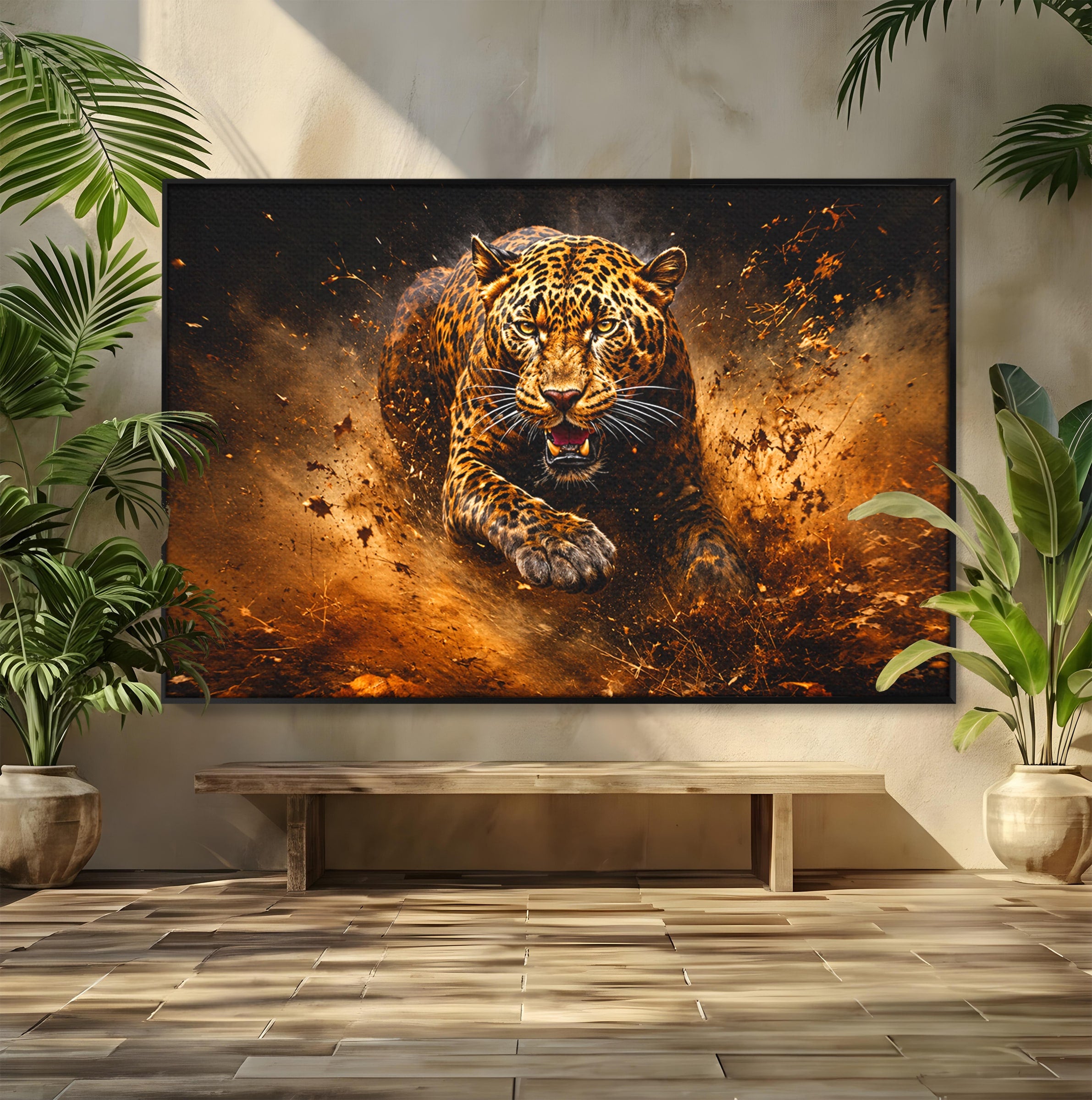 Tablou Canvas Premium LuxCanva® M1647, Leopard In Actiune, Leopard, Actiune, Natură, Salbatic, Dormitor, Living, Culori Vibrante