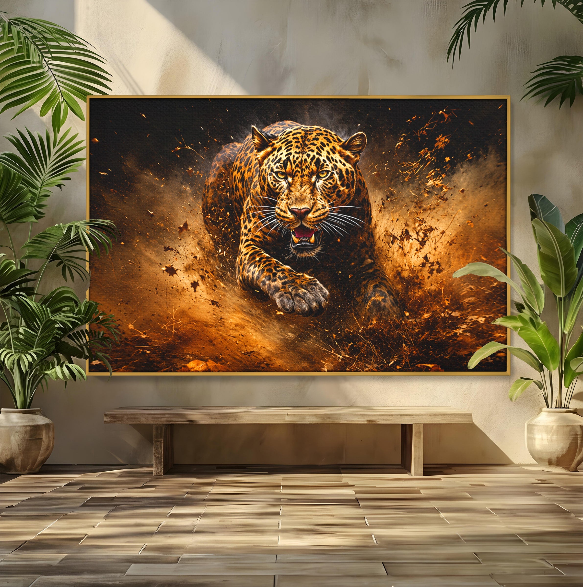 Tablou Canvas Premium LuxCanva® M1647, Leopard In Actiune, Leopard, Actiune, Natură, Salbatic, Dormitor, Living, Culori Vibrante