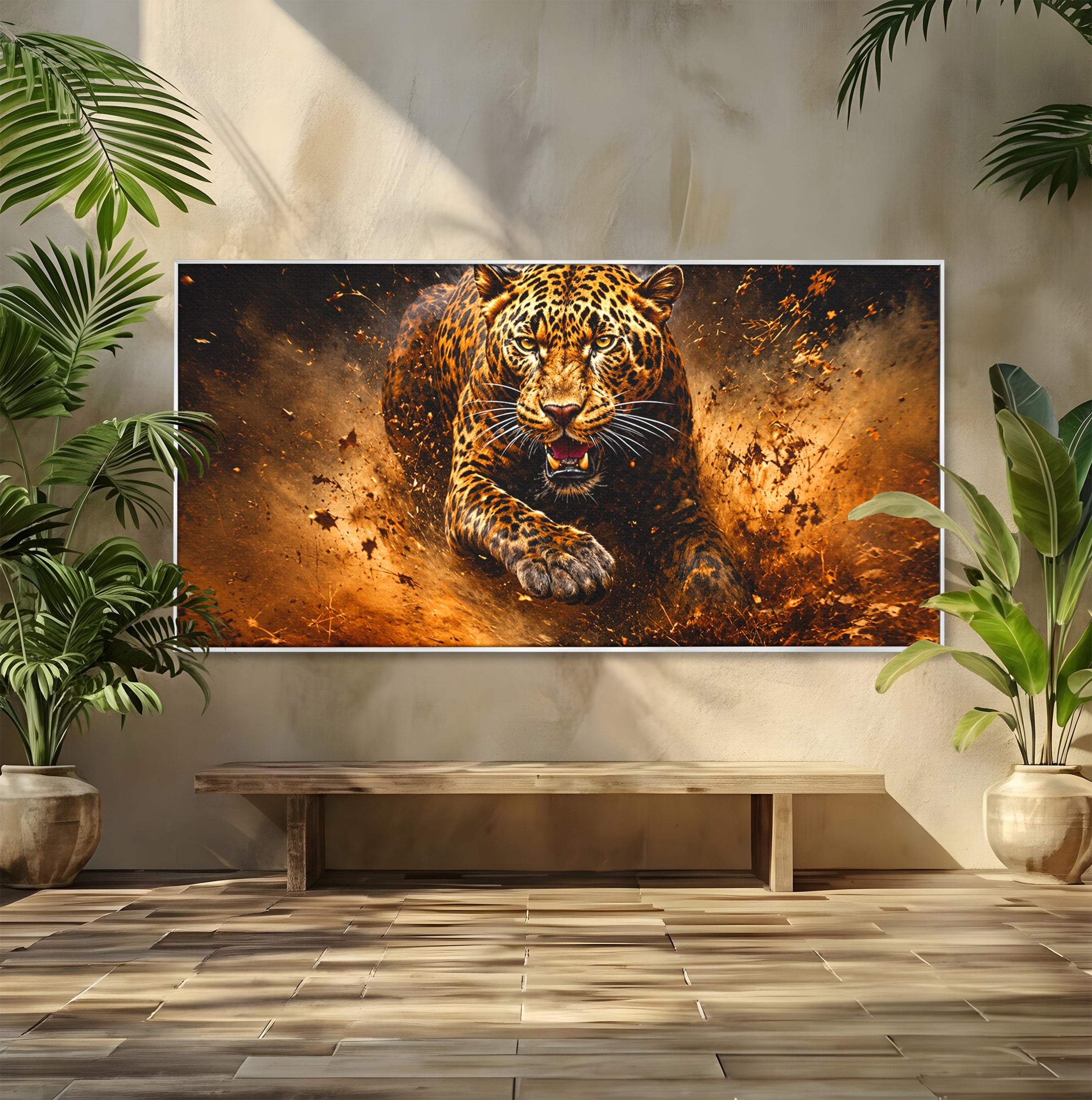 Tablou Canvas Premium LuxCanva® M1647, Leopard In Actiune, Leopard, Actiune, Natură, Salbatic, Dormitor, Living, Culori Vibrante