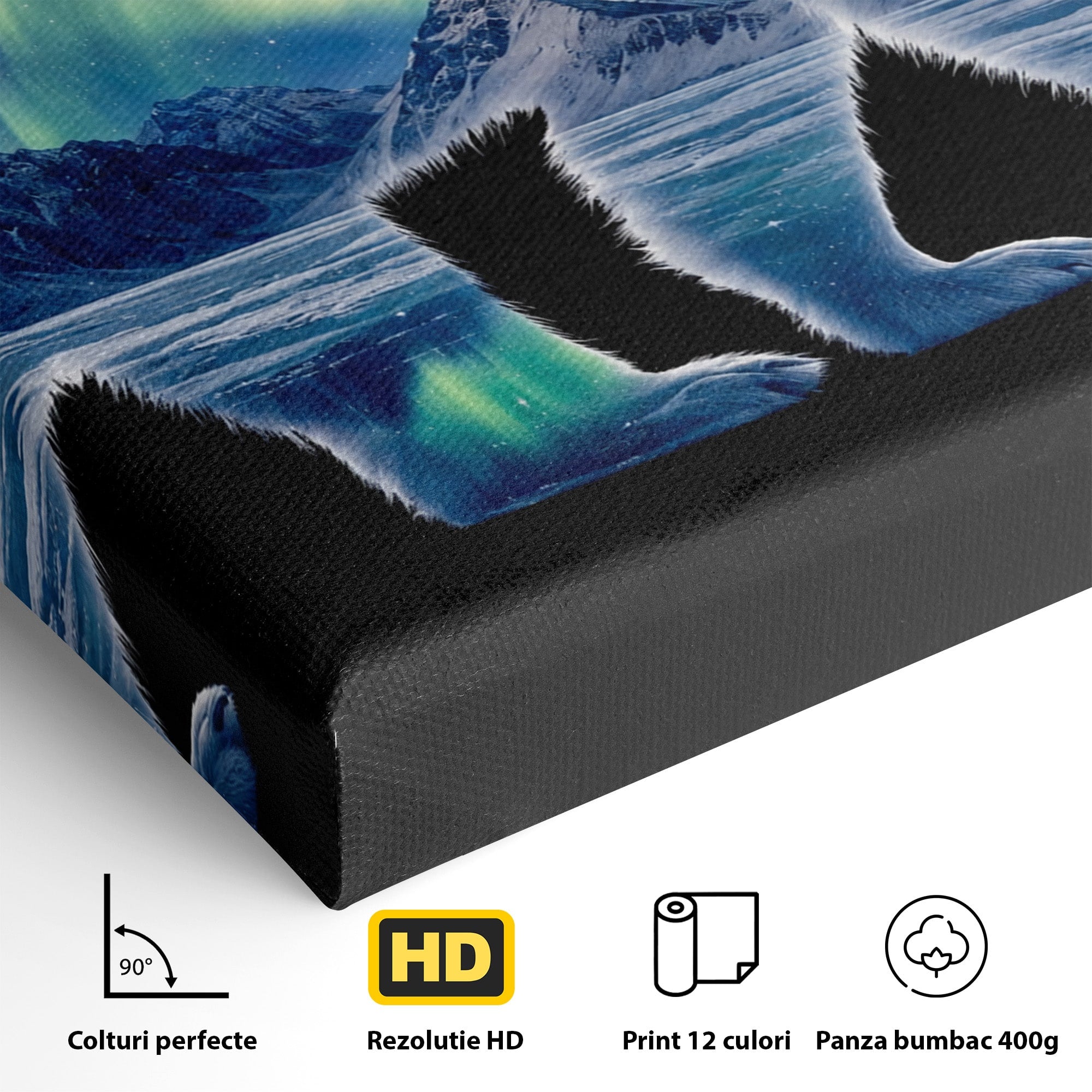 Tablou Canvas Premium LuxCanva® M1648, Urs Polar Aurora Boreala, Urs Polar, Aurora Boreala, Peisaj Arctic, Animale, Living, Birou, Culori Vibrante
