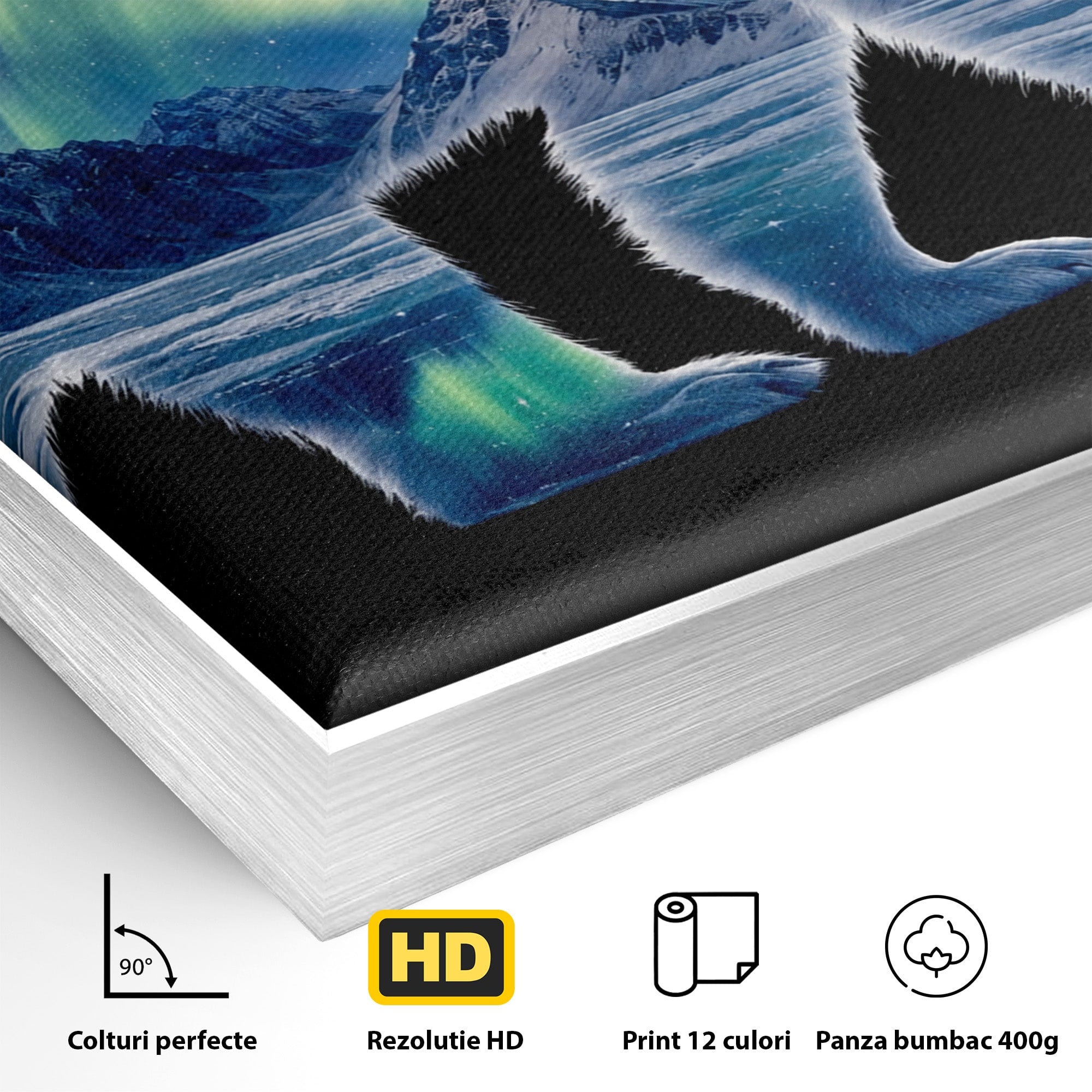Tablou Canvas Premium LuxCanva® M1648, Urs Polar Aurora Boreala, Urs Polar, Aurora Boreala, Peisaj Arctic, Animale, Living, Birou, Culori Vibrante