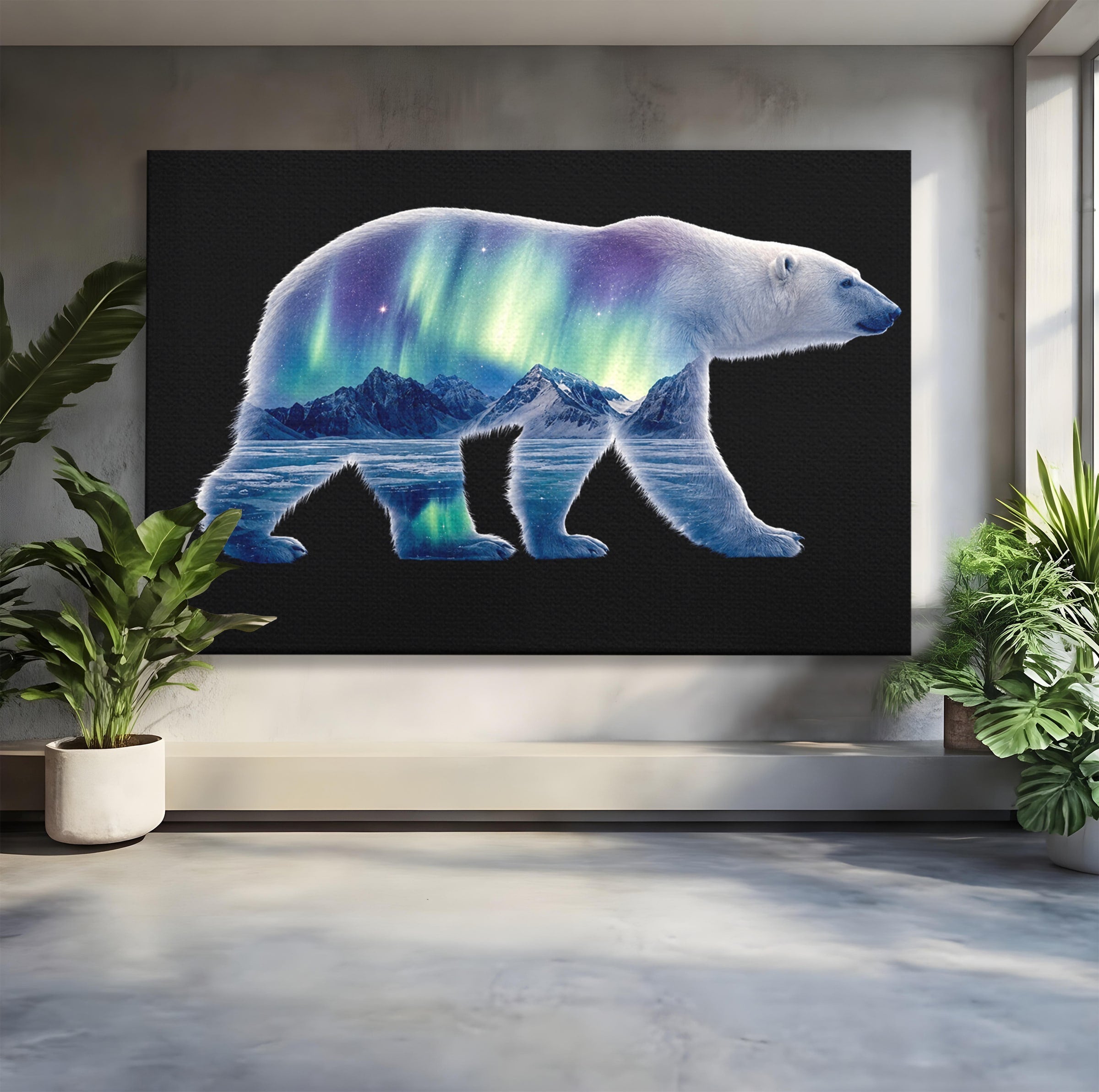 Tablou Canvas Premium LuxCanva® M1648, Urs Polar Aurora Boreala, Urs Polar, Aurora Boreala, Peisaj Arctic, Animale, Living, Birou, Culori Vibrante