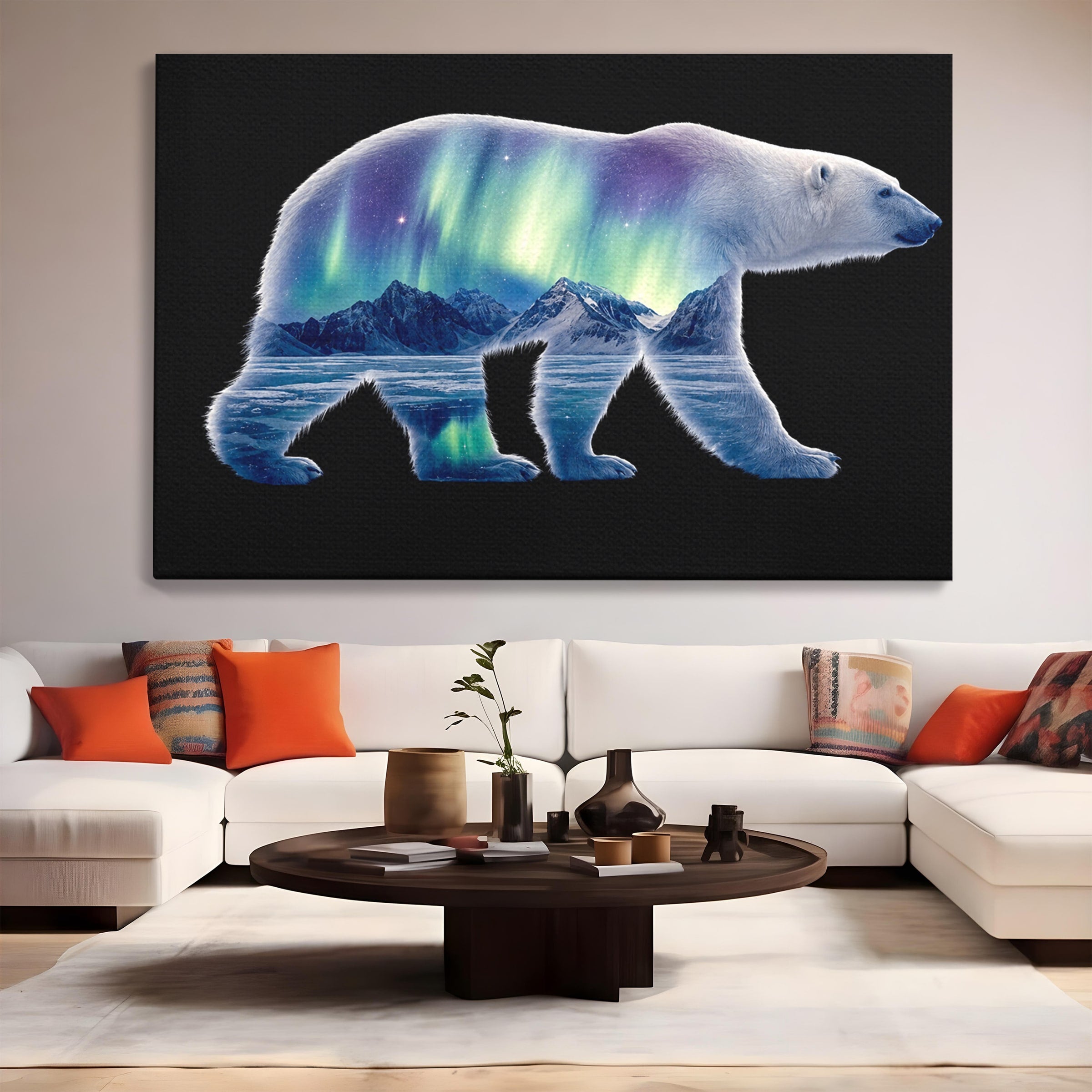 Tablou Canvas Premium LuxCanva® M1648, Urs Polar Aurora Boreala, Urs Polar, Aurora Boreala, Peisaj Arctic, Animale, Living, Birou, Culori Vibrante