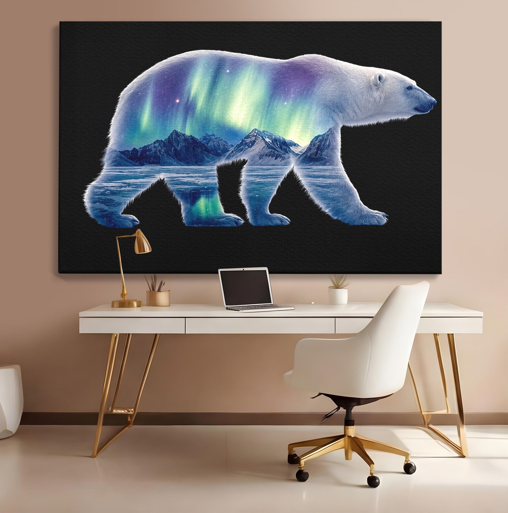 Tablou Canvas Premium LuxCanva® M1648, Urs Polar Aurora Boreala, Urs Polar, Aurora Boreala, Peisaj Arctic, Animale, Living, Birou, Culori Vibrante