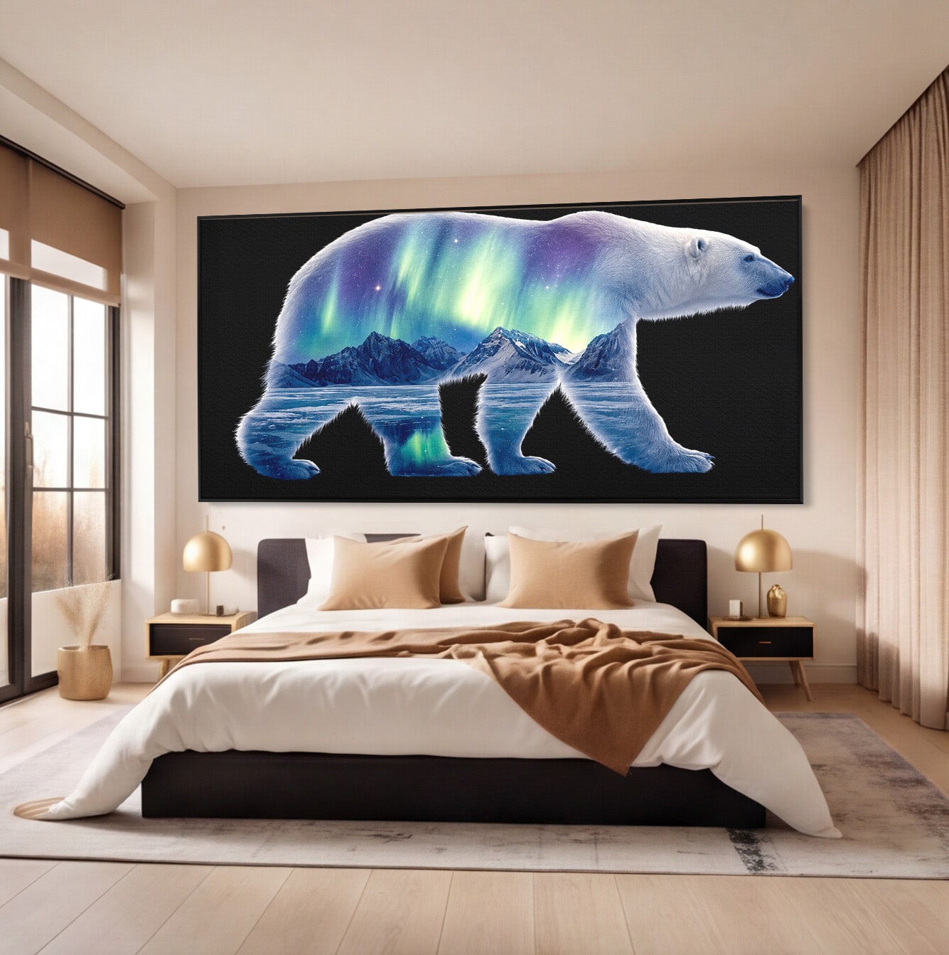 Tablou Canvas Premium LuxCanva® M1648, Urs Polar Aurora Boreala, Urs Polar, Aurora Boreala, Peisaj Arctic, Animale, Living, Birou, Culori Vibrante