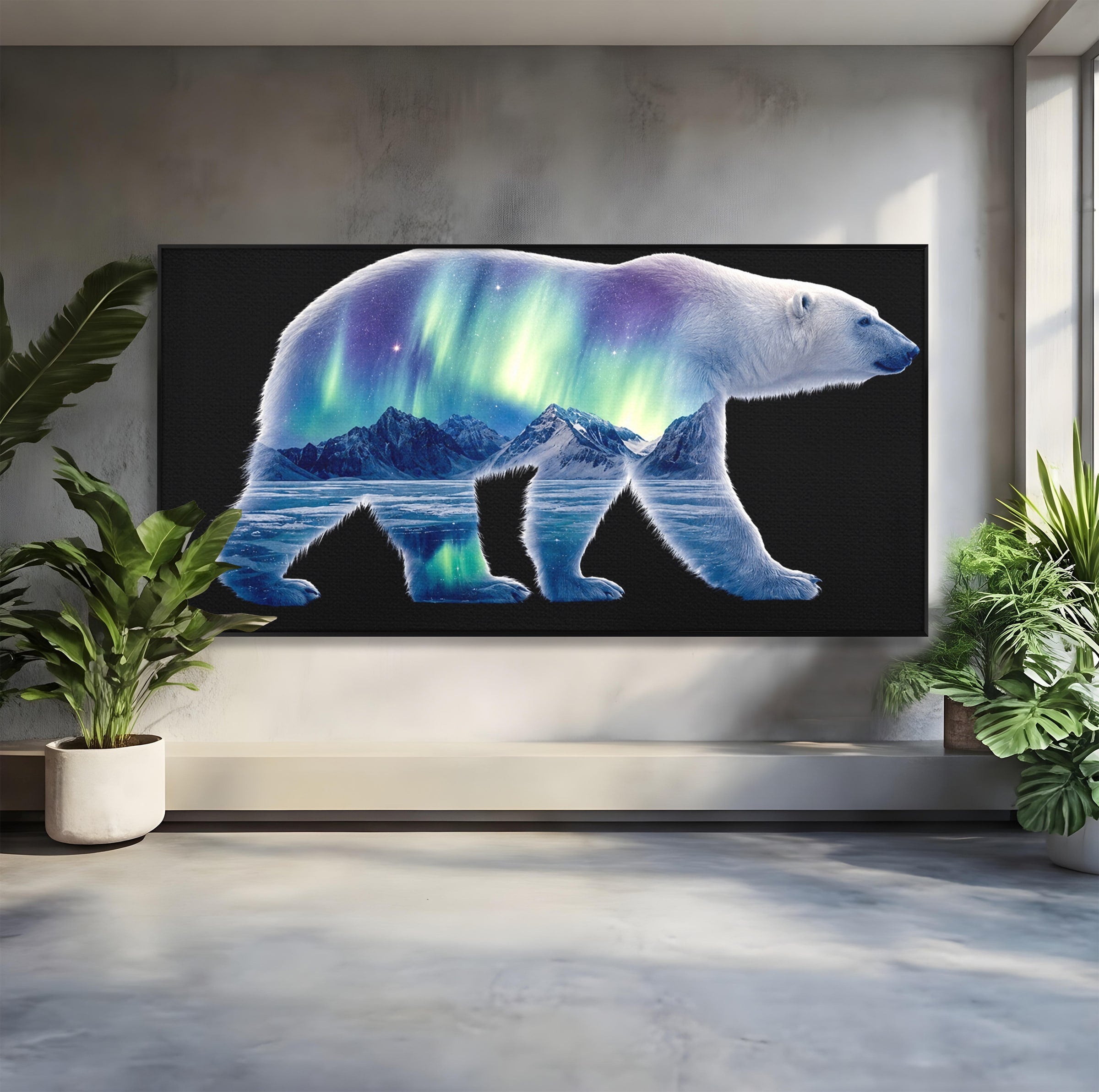 Tablou Canvas Premium LuxCanva® M1648, Urs Polar Aurora Boreala, Urs Polar, Aurora Boreala, Peisaj Arctic, Animale, Living, Birou, Culori Vibrante