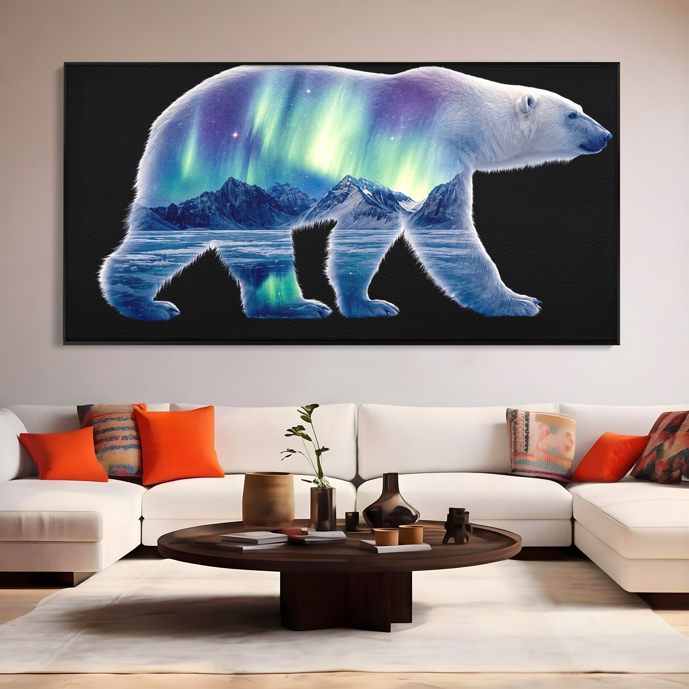 Tablou Canvas Premium LuxCanva® M1648, Urs Polar Aurora Boreala, Urs Polar, Aurora Boreala, Peisaj Arctic, Animale, Living, Birou, Culori Vibrante