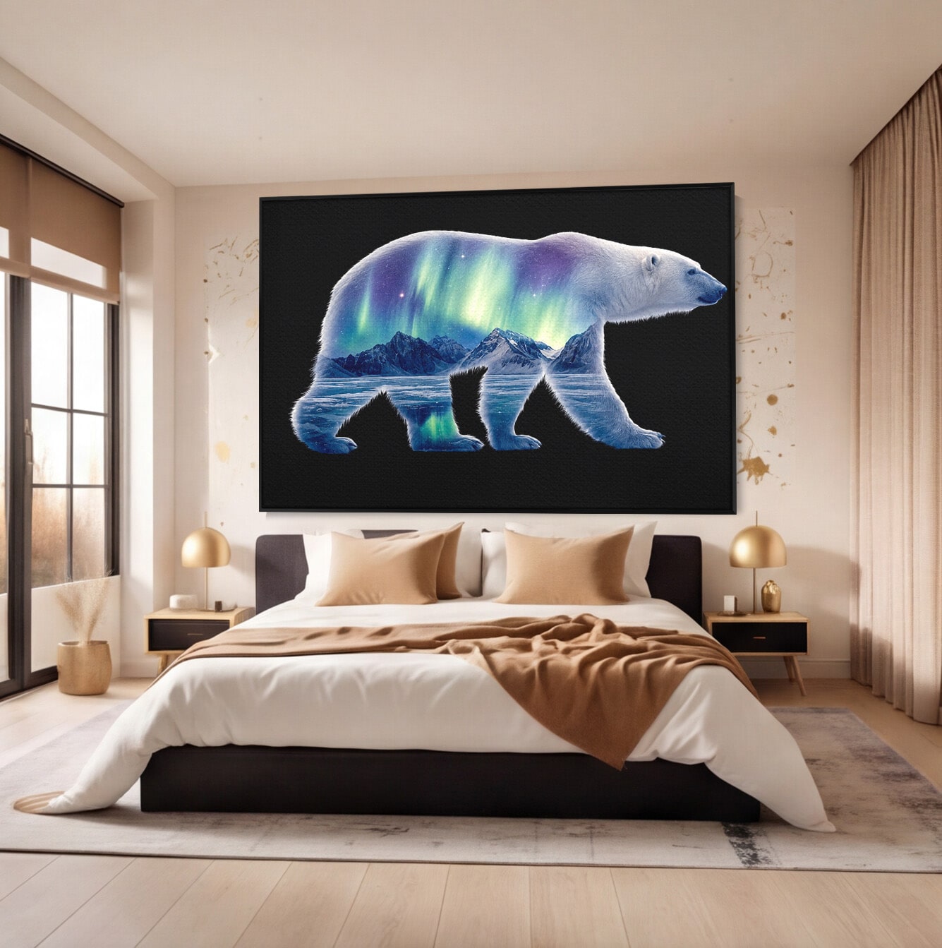 Tablou Canvas Premium LuxCanva® M1648, Urs Polar Aurora Boreala, Urs Polar, Aurora Boreala, Peisaj Arctic, Animale, Living, Birou, Culori Vibrante