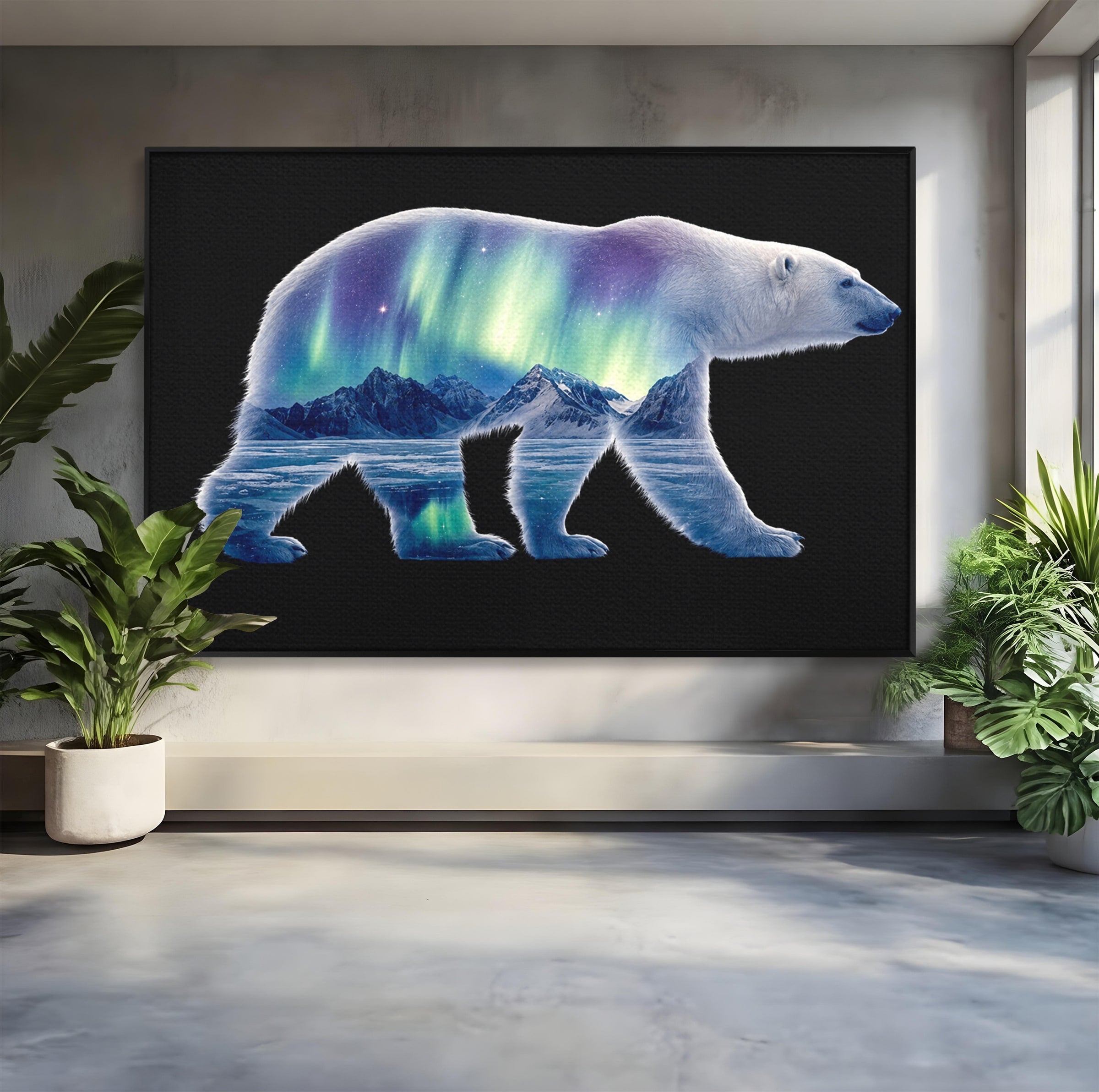 Tablou Canvas Premium LuxCanva® M1648, Urs Polar Aurora Boreala, Urs Polar, Aurora Boreala, Peisaj Arctic, Animale, Living, Birou, Culori Vibrante