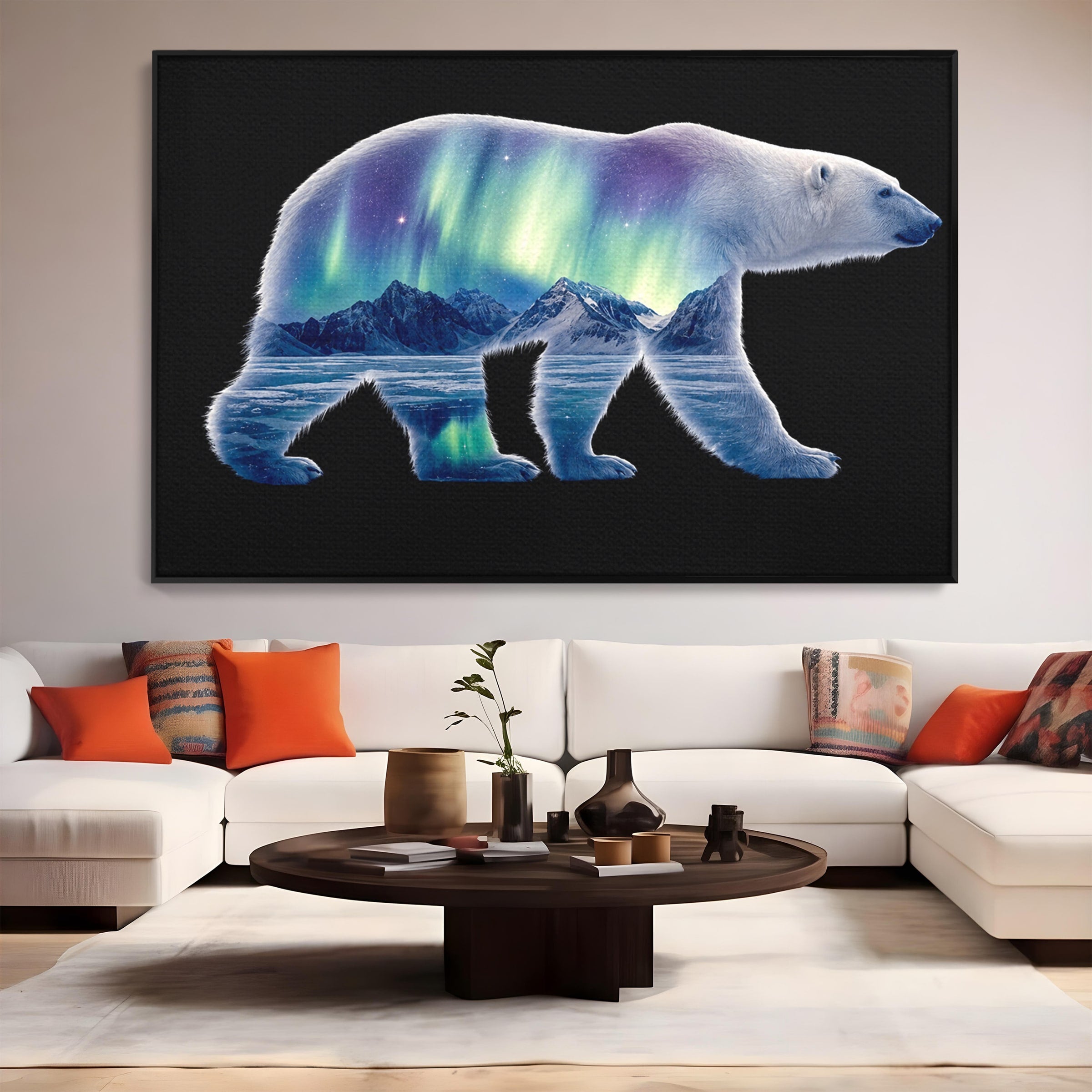 Tablou Canvas Premium LuxCanva® M1648, Urs Polar Aurora Boreala, Urs Polar, Aurora Boreala, Peisaj Arctic, Animale, Living, Birou, Culori Vibrante
