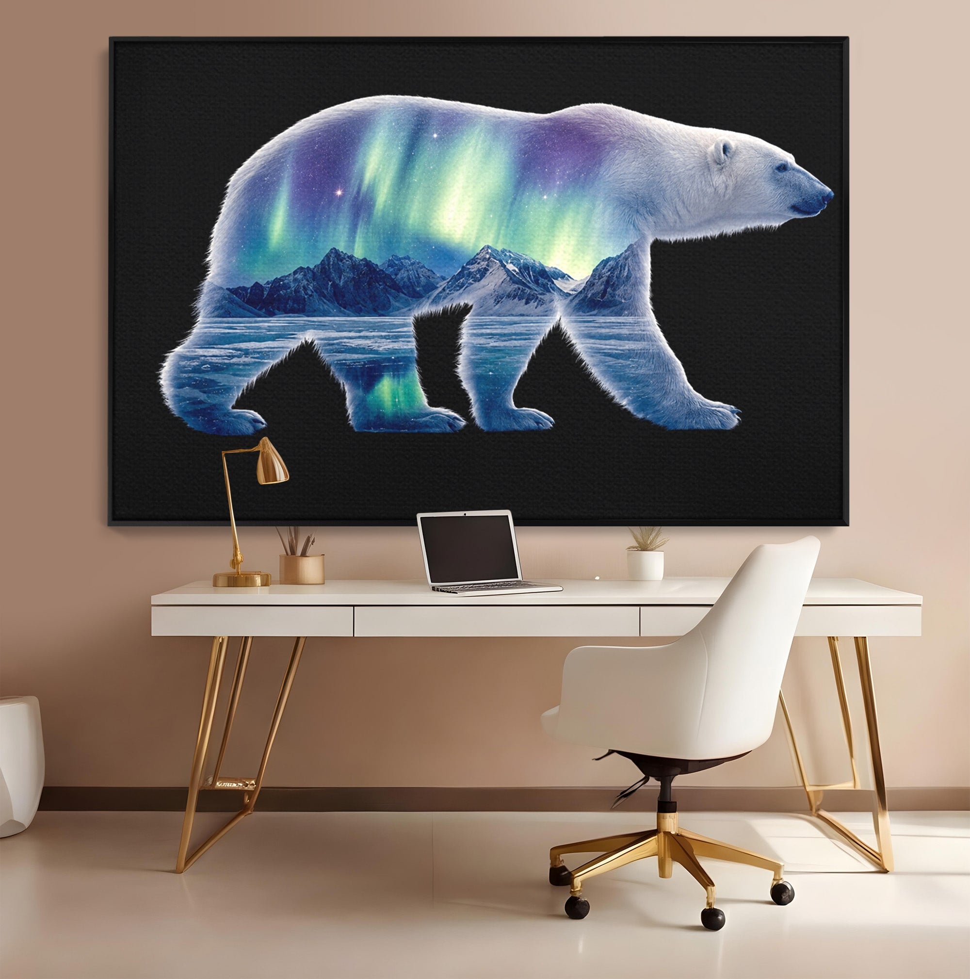 Tablou Canvas Premium LuxCanva® M1648, Urs Polar Aurora Boreala, Urs Polar, Aurora Boreala, Peisaj Arctic, Animale, Living, Birou, Culori Vibrante