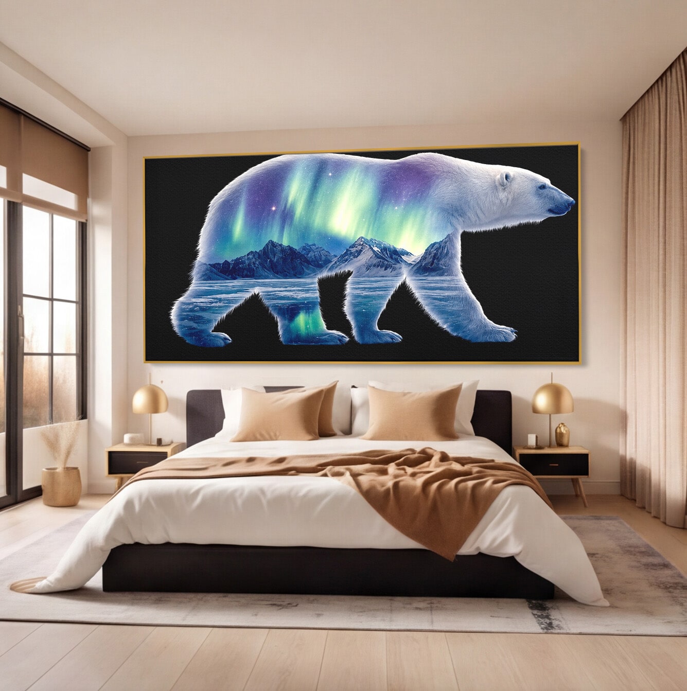Tablou Canvas Premium LuxCanva® M1648, Urs Polar Aurora Boreala, Urs Polar, Aurora Boreala, Peisaj Arctic, Animale, Living, Birou, Culori Vibrante