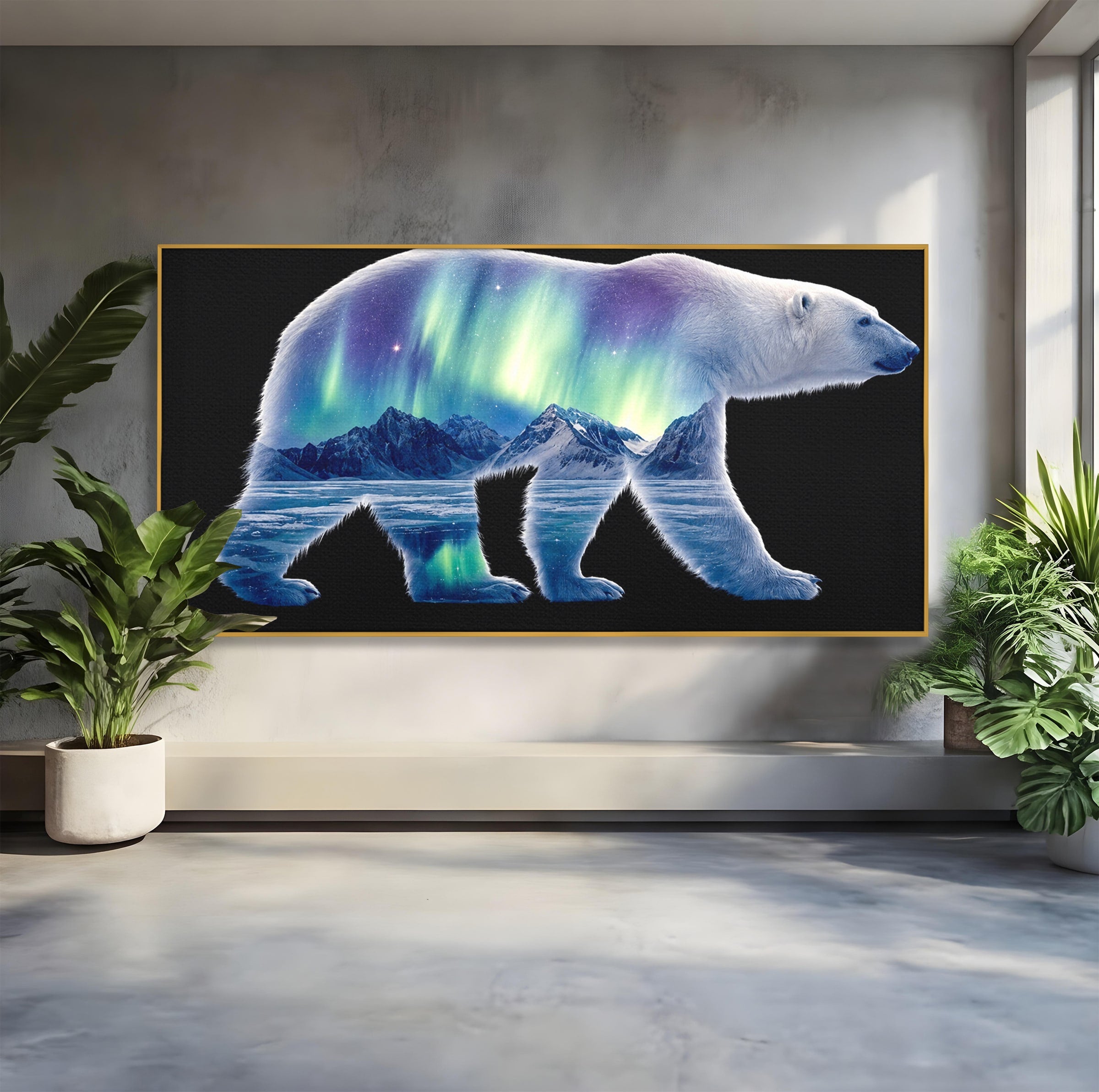 Tablou Canvas Premium LuxCanva® M1648, Urs Polar Aurora Boreala, Urs Polar, Aurora Boreala, Peisaj Arctic, Animale, Living, Birou, Culori Vibrante