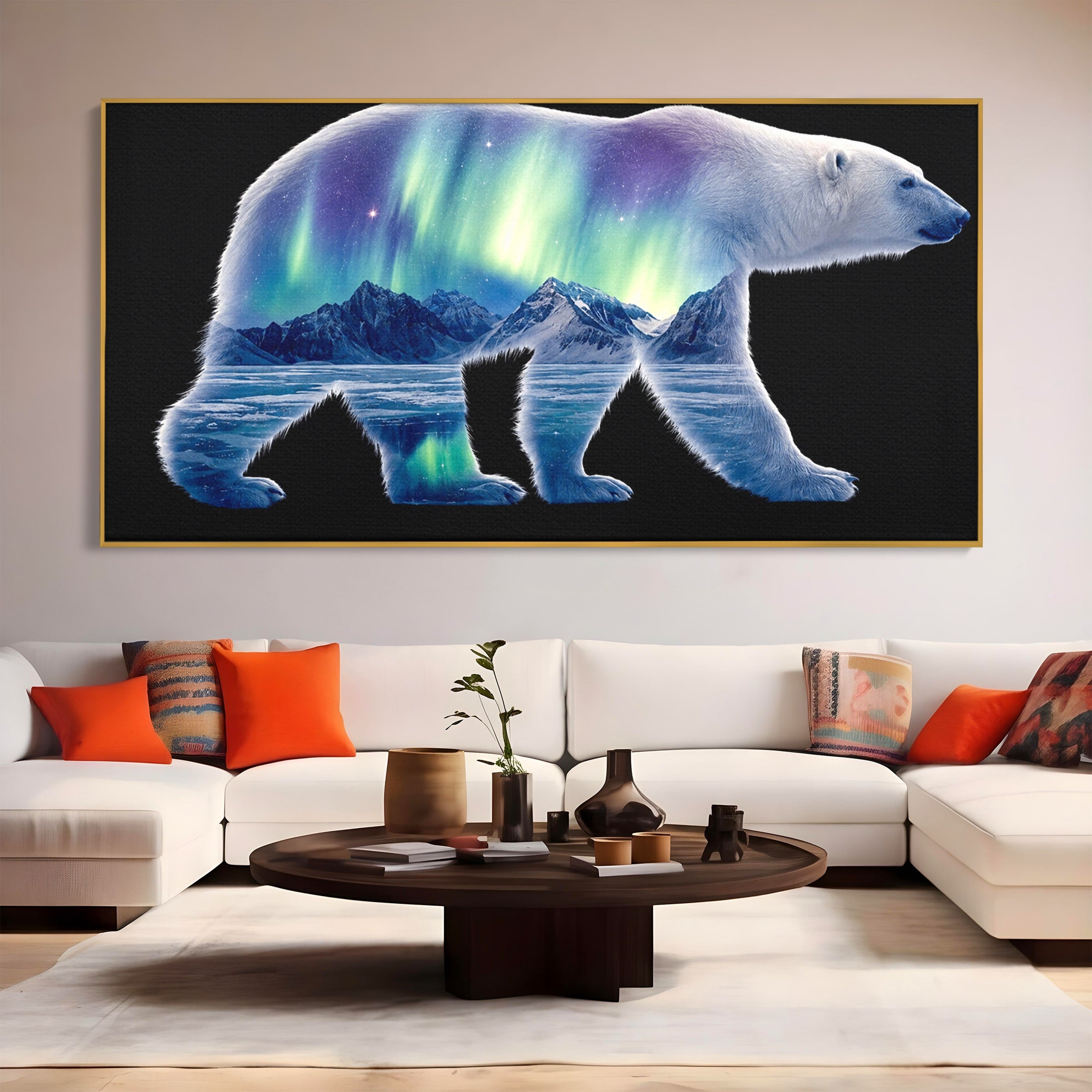 Tablou Canvas Premium LuxCanva® M1648, Urs Polar Aurora Boreala, Urs Polar, Aurora Boreala, Peisaj Arctic, Animale, Living, Birou, Culori Vibrante