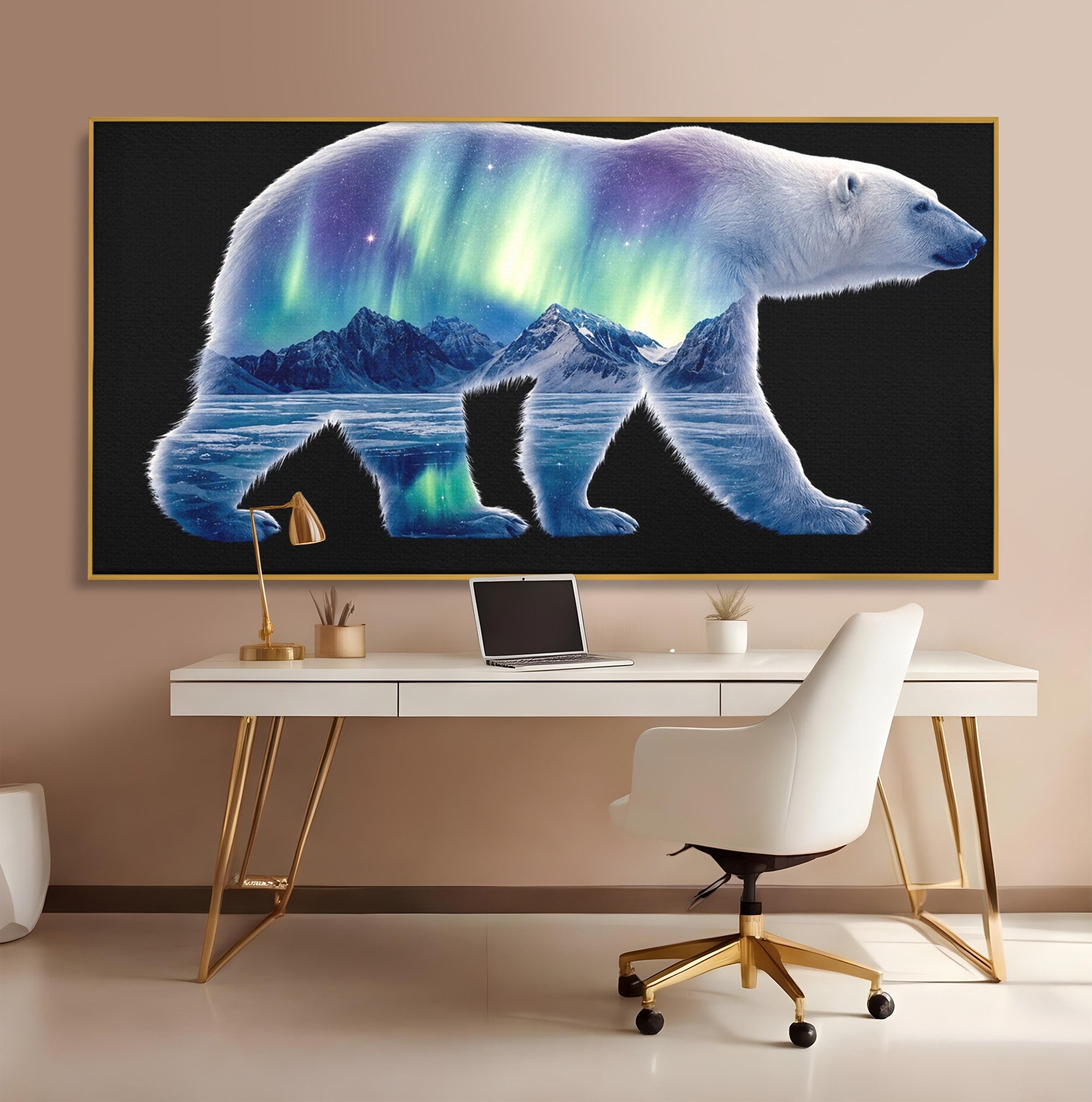 Tablou Canvas Premium LuxCanva® M1648, Urs Polar Aurora Boreala, Urs Polar, Aurora Boreala, Peisaj Arctic, Animale, Living, Birou, Culori Vibrante