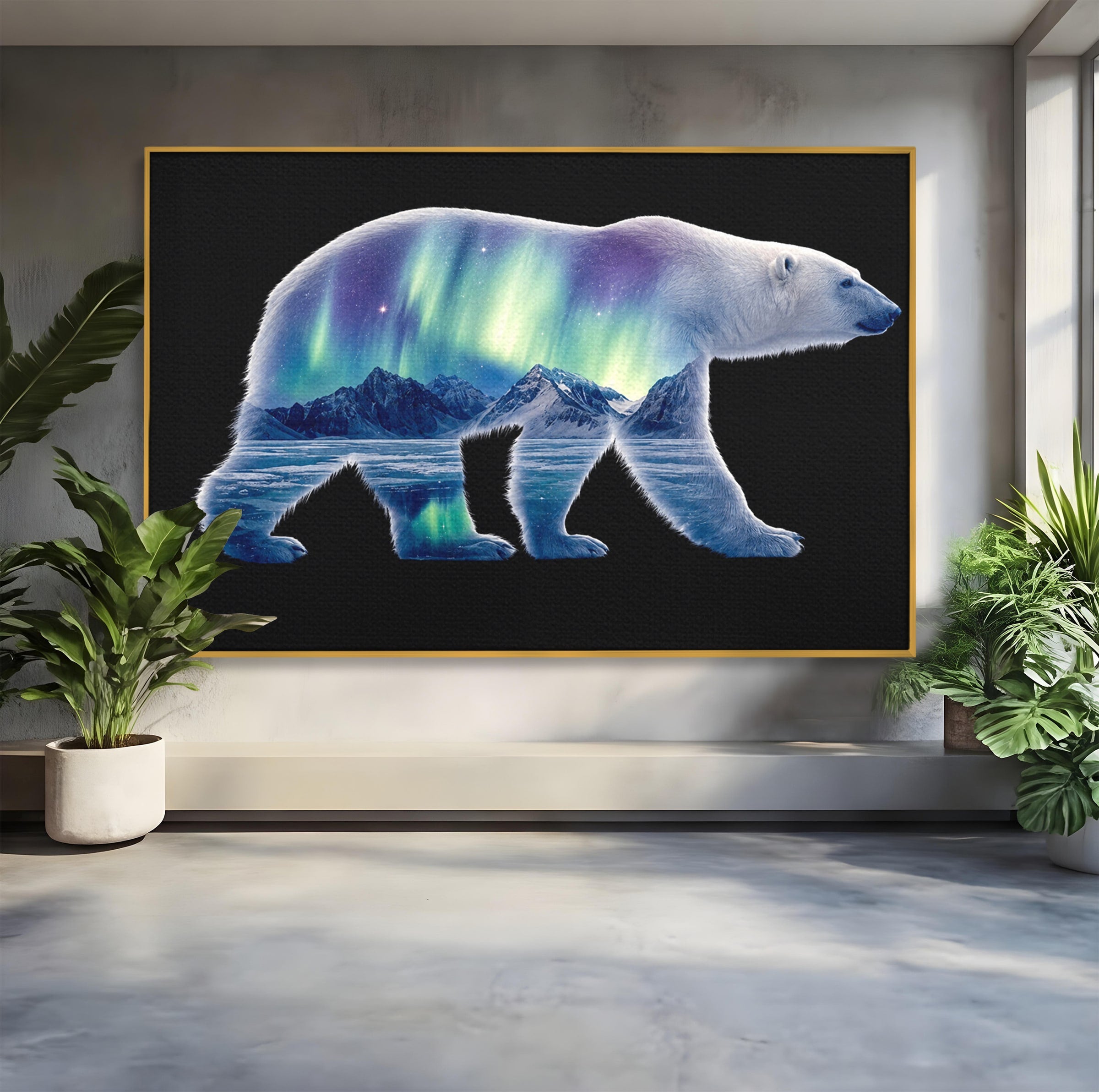 Tablou Canvas Premium LuxCanva® M1648, Urs Polar Aurora Boreala, Urs Polar, Aurora Boreala, Peisaj Arctic, Animale, Living, Birou, Culori Vibrante