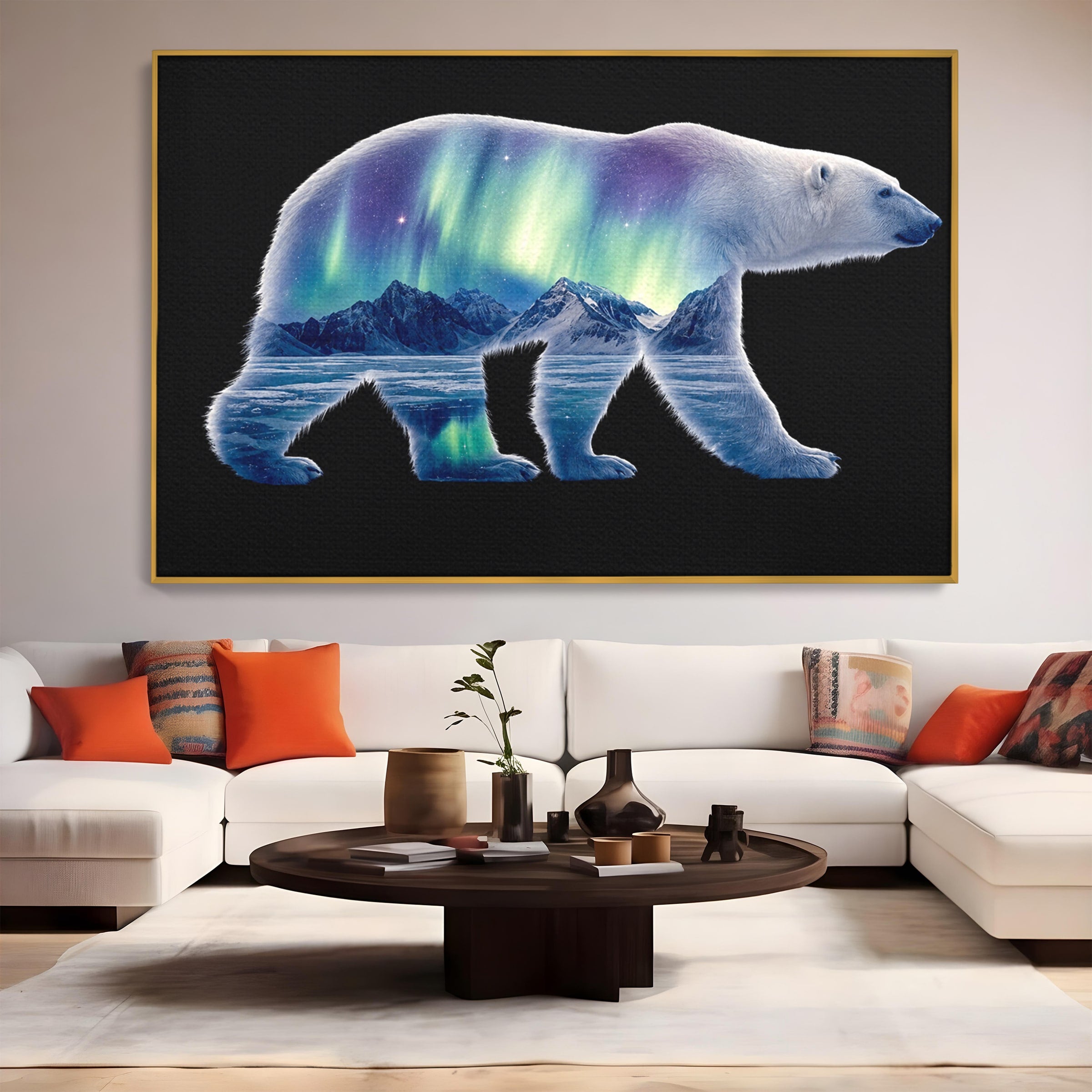 Tablou Canvas Premium LuxCanva® M1648, Urs Polar Aurora Boreala, Urs Polar, Aurora Boreala, Peisaj Arctic, Animale, Living, Birou, Culori Vibrante