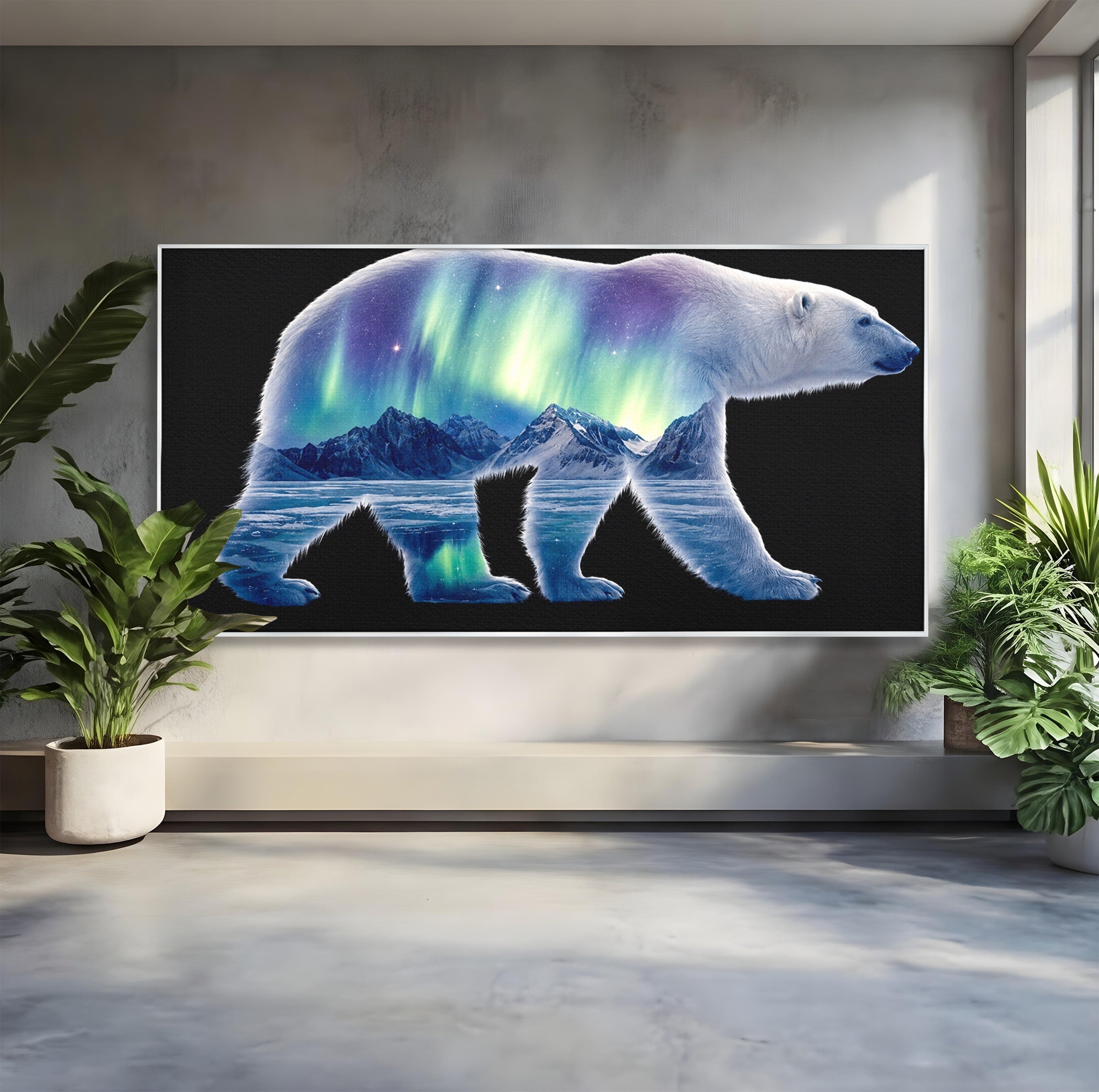 Tablou Canvas Premium LuxCanva® M1648, Urs Polar Aurora Boreala, Urs Polar, Aurora Boreala, Peisaj Arctic, Animale, Living, Birou, Culori Vibrante