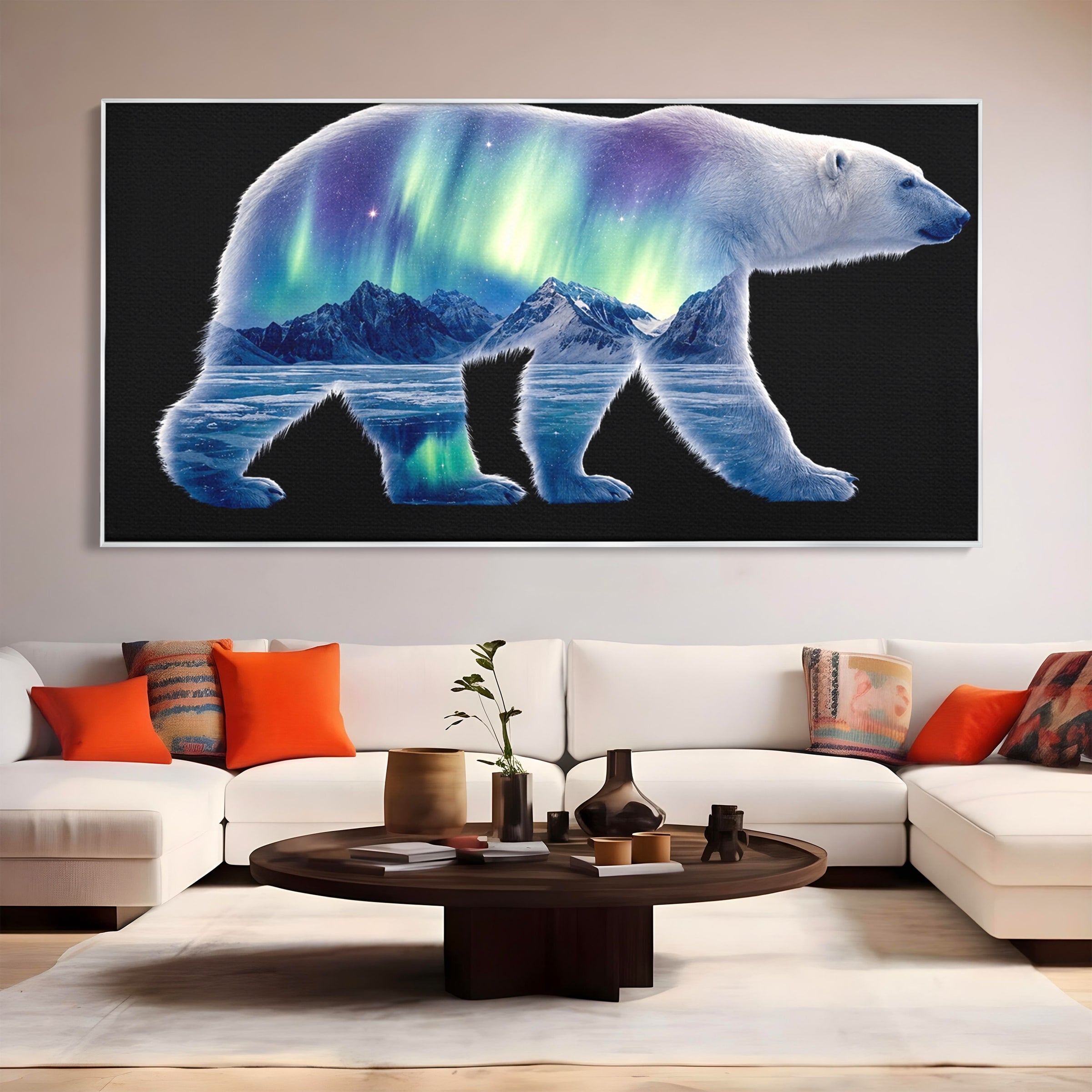 Tablou Canvas Premium LuxCanva® M1648, Urs Polar Aurora Boreala, Urs Polar, Aurora Boreala, Peisaj Arctic, Animale, Living, Birou, Culori Vibrante