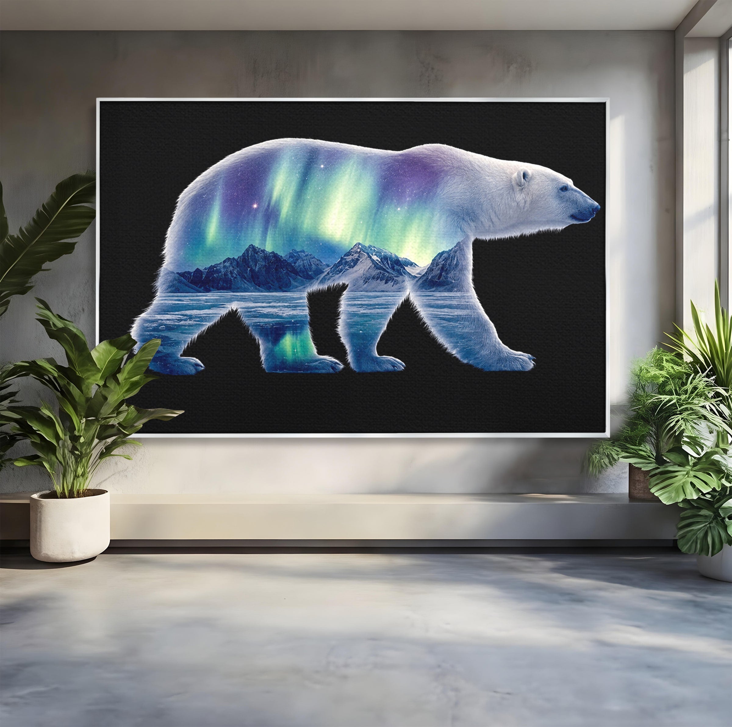 Tablou Canvas Premium LuxCanva® M1648, Urs Polar Aurora Boreala, Urs Polar, Aurora Boreala, Peisaj Arctic, Animale, Living, Birou, Culori Vibrante