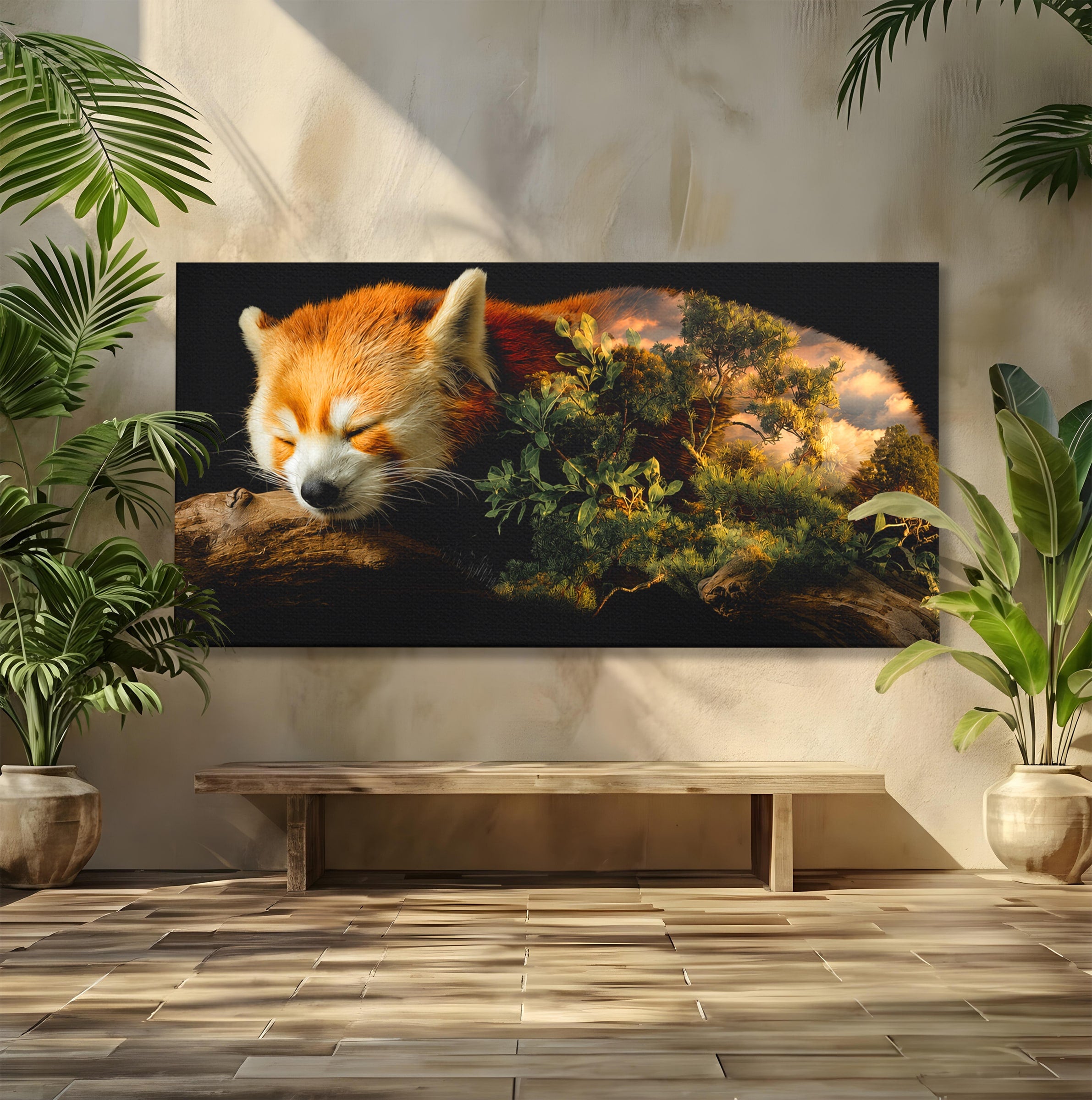 Tablou Canvas Premium LuxCanva® M1650, Panda Rosu Adormit, Panda Rosu, Natura, Padure, Animale, Relaxare, Dormitor, Living, Culori Vibrante