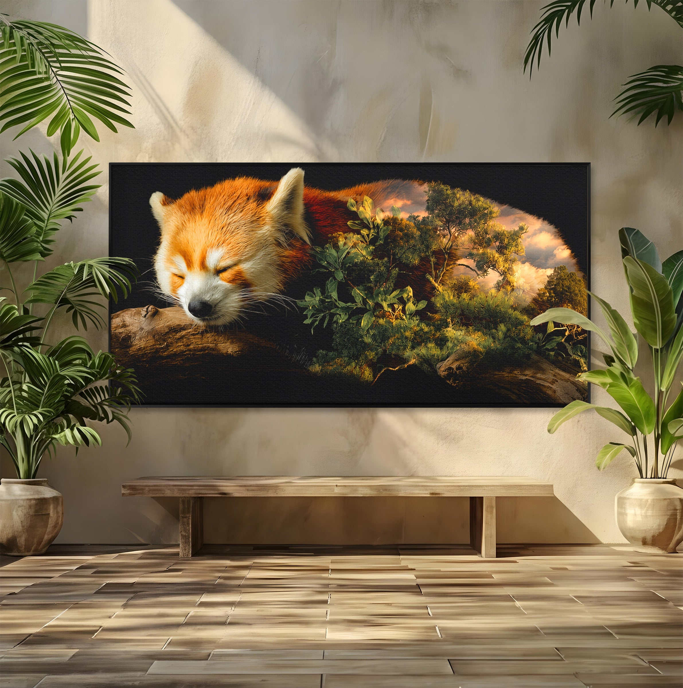 Tablou Canvas Premium LuxCanva® M1650, Panda Rosu Adormit, Panda Rosu, Natura, Padure, Animale, Relaxare, Dormitor, Living, Culori Vibrante