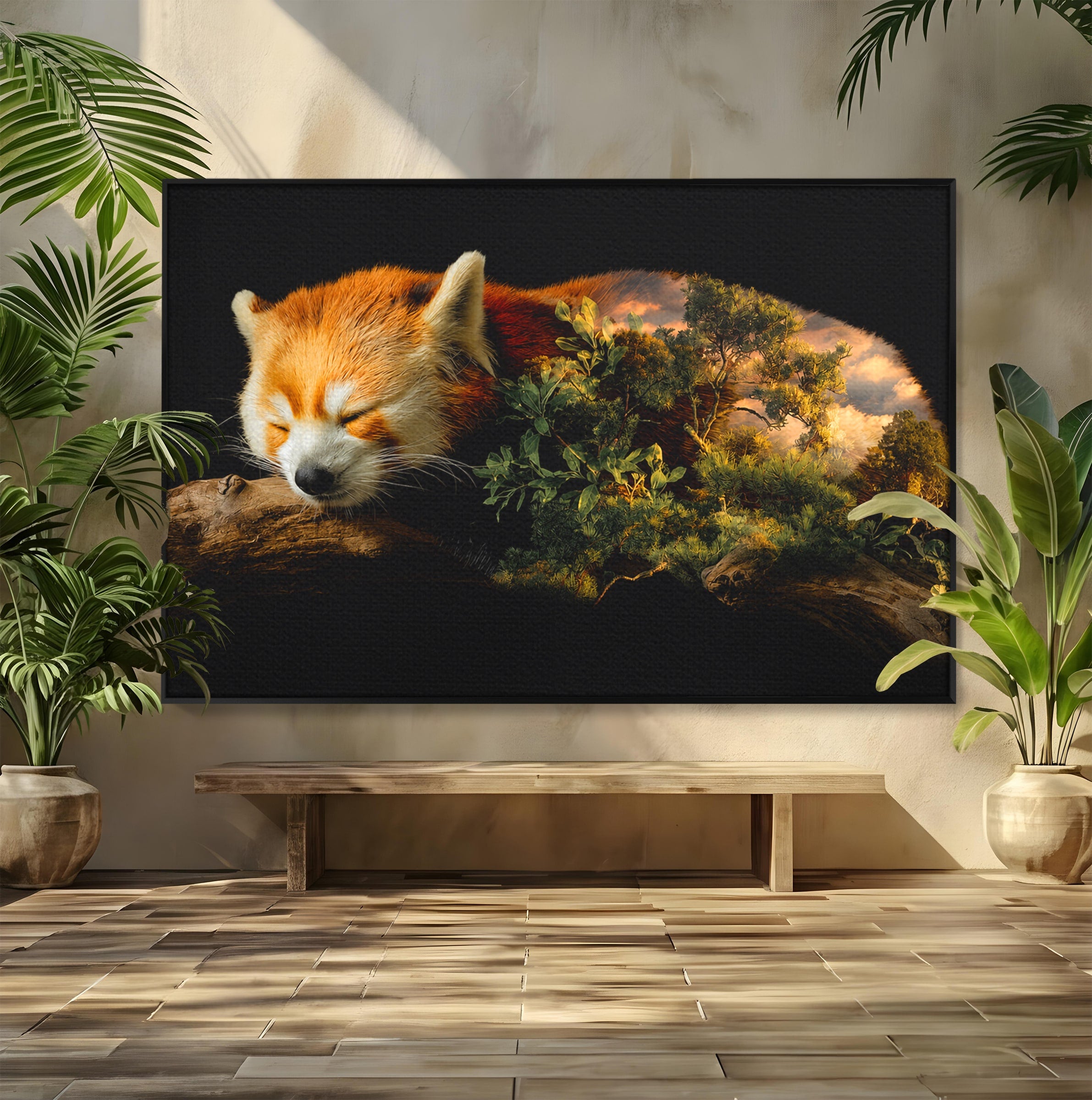 Tablou Canvas Premium LuxCanva® M1650, Panda Rosu Adormit, Panda Rosu, Natura, Padure, Animale, Relaxare, Dormitor, Living, Culori Vibrante