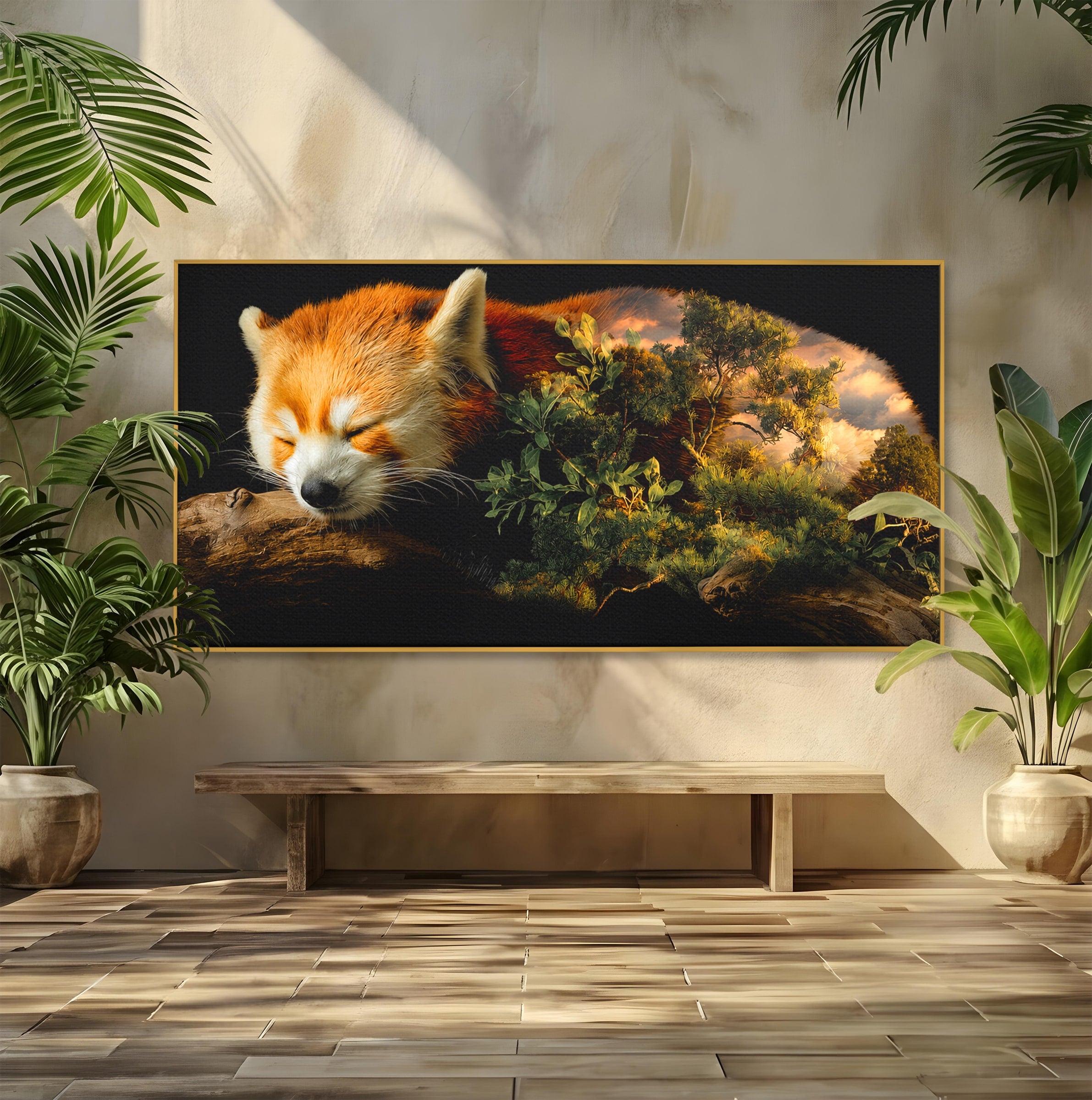 Tablou Canvas Premium LuxCanva® M1650, Panda Rosu Adormit, Panda Rosu, Natura, Padure, Animale, Relaxare, Dormitor, Living, Culori Vibrante