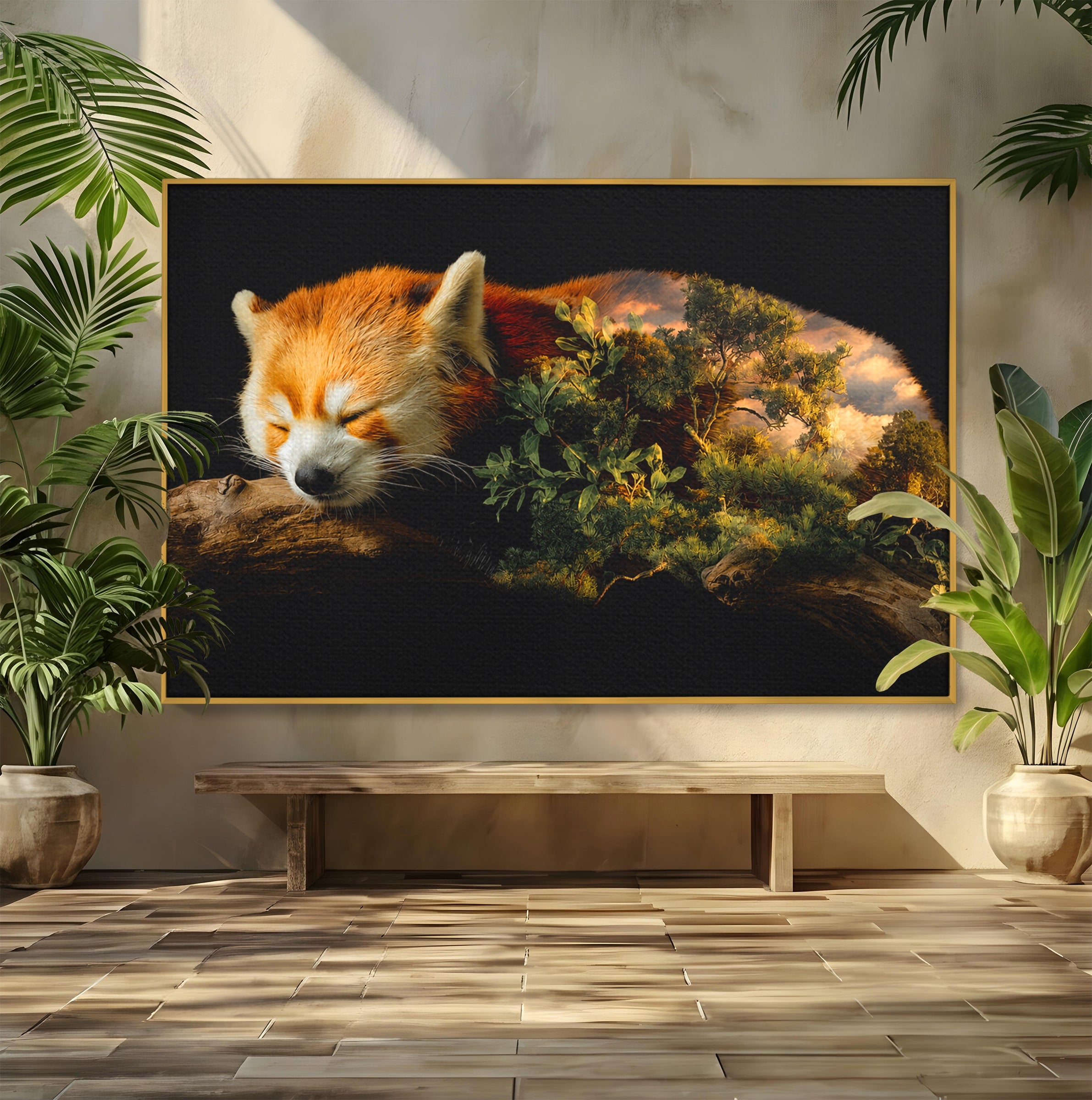 Tablou Canvas Premium LuxCanva® M1650, Panda Rosu Adormit, Panda Rosu, Natura, Padure, Animale, Relaxare, Dormitor, Living, Culori Vibrante