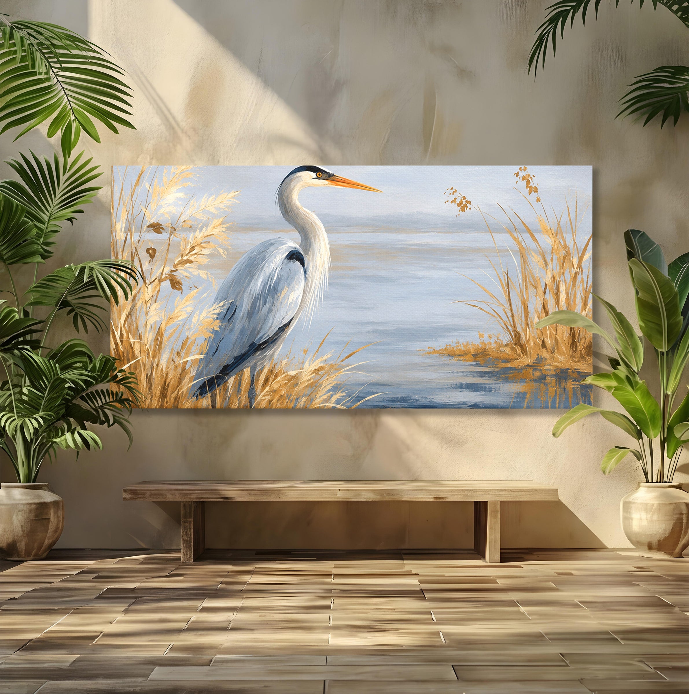 Tablou Canvas Premium LuxCanva® M1652, Paznicul Lacului, Egreta, Peisaj, Natura, Calm, Living, Birou, Culori Vibrante