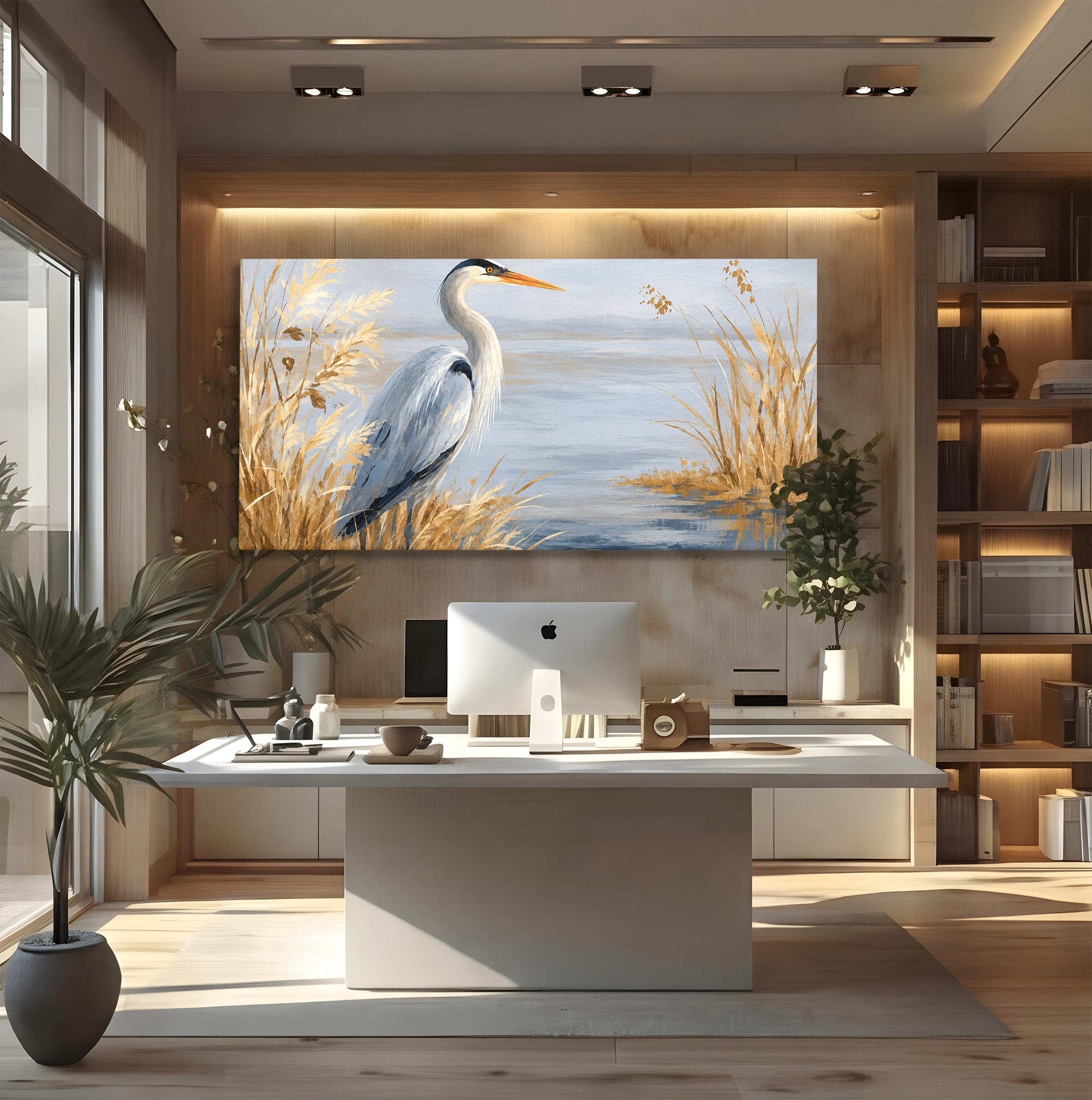 Tablou Canvas Premium LuxCanva® M1652, Paznicul Lacului, Egreta, Peisaj, Natura, Calm, Living, Birou, Culori Vibrante