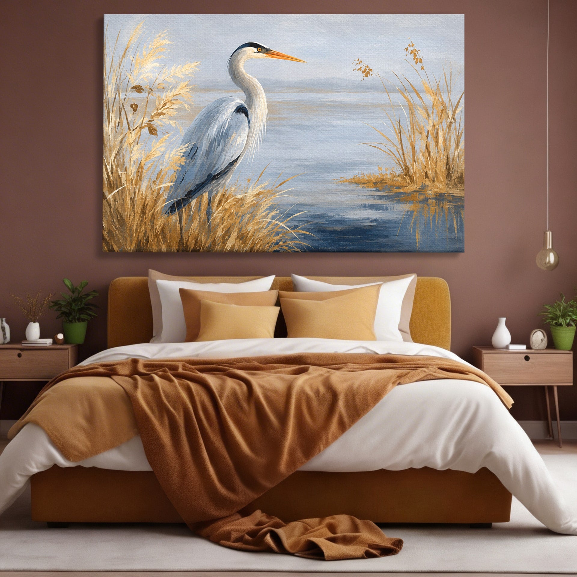Tablou Canvas Premium LuxCanva® M1652, Paznicul Lacului, Egreta, Peisaj, Natura, Calm, Living, Birou, Culori Vibrante