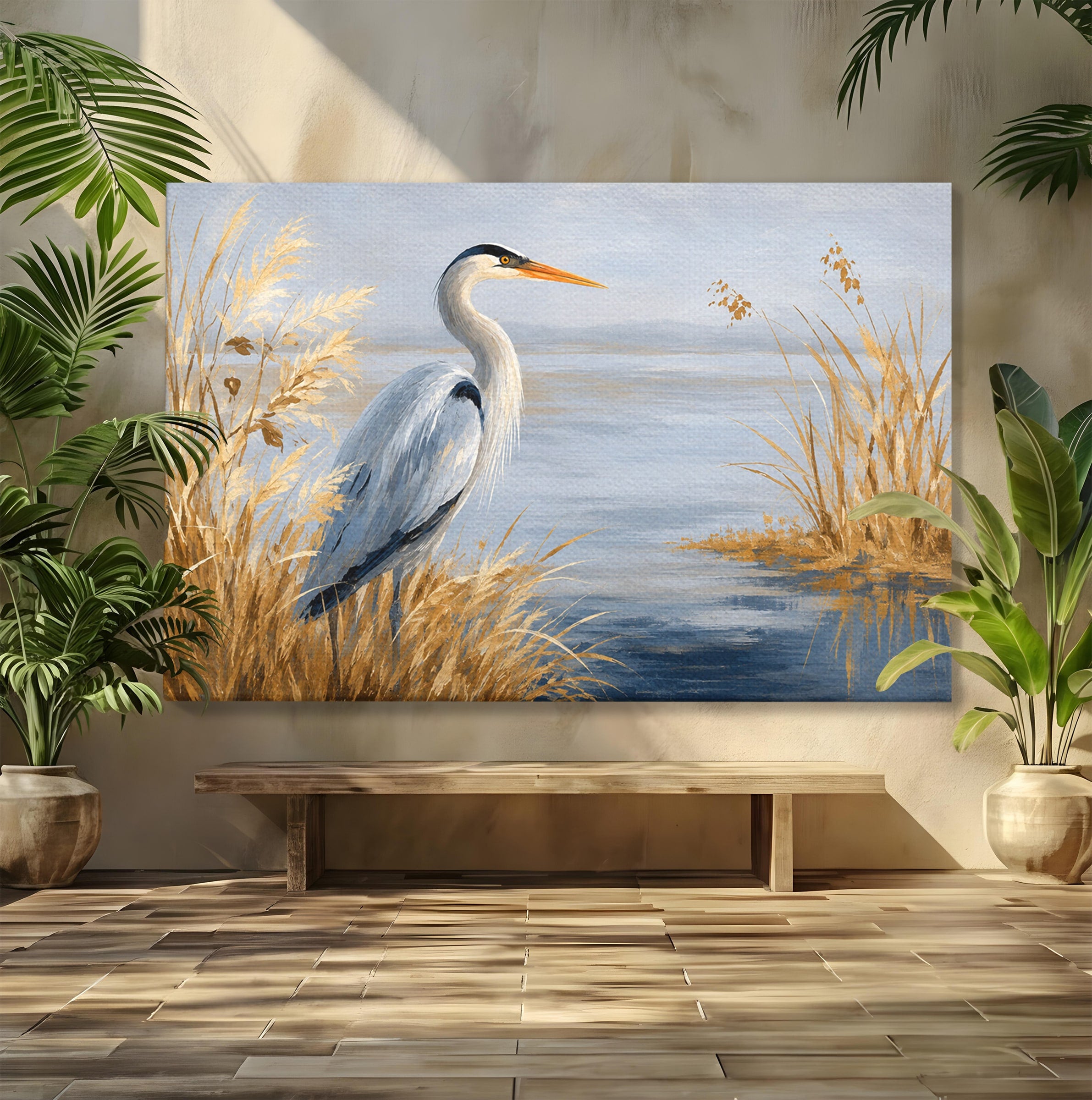 Tablou Canvas Premium LuxCanva® M1652, Paznicul Lacului, Egreta, Peisaj, Natura, Calm, Living, Birou, Culori Vibrante