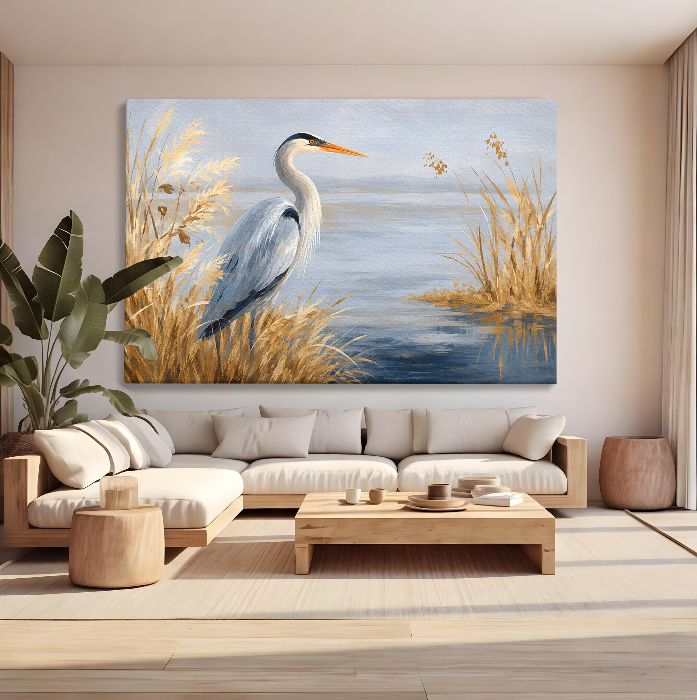 Tablou Canvas Premium LuxCanva® M1652, Paznicul Lacului, Egreta, Peisaj, Natura, Calm, Living, Birou, Culori Vibrante