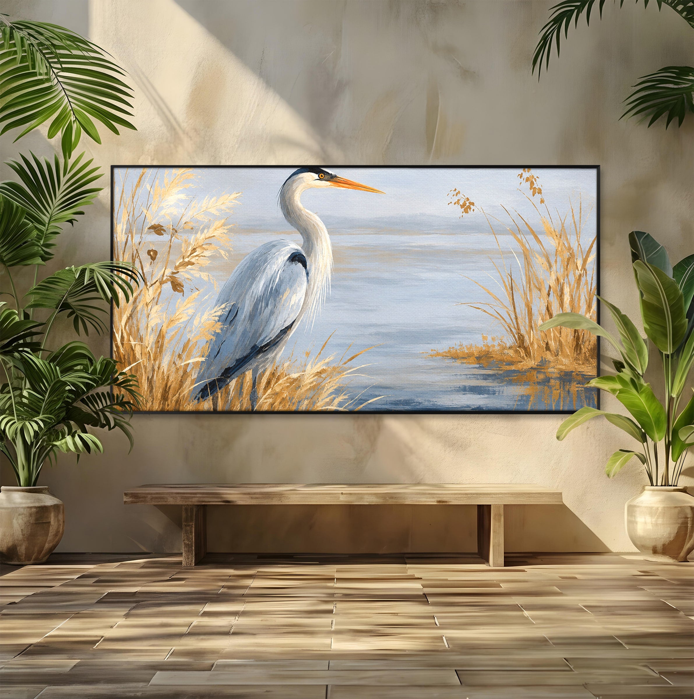 Tablou Canvas Premium LuxCanva® M1652, Paznicul Lacului, Egreta, Peisaj, Natura, Calm, Living, Birou, Culori Vibrante
