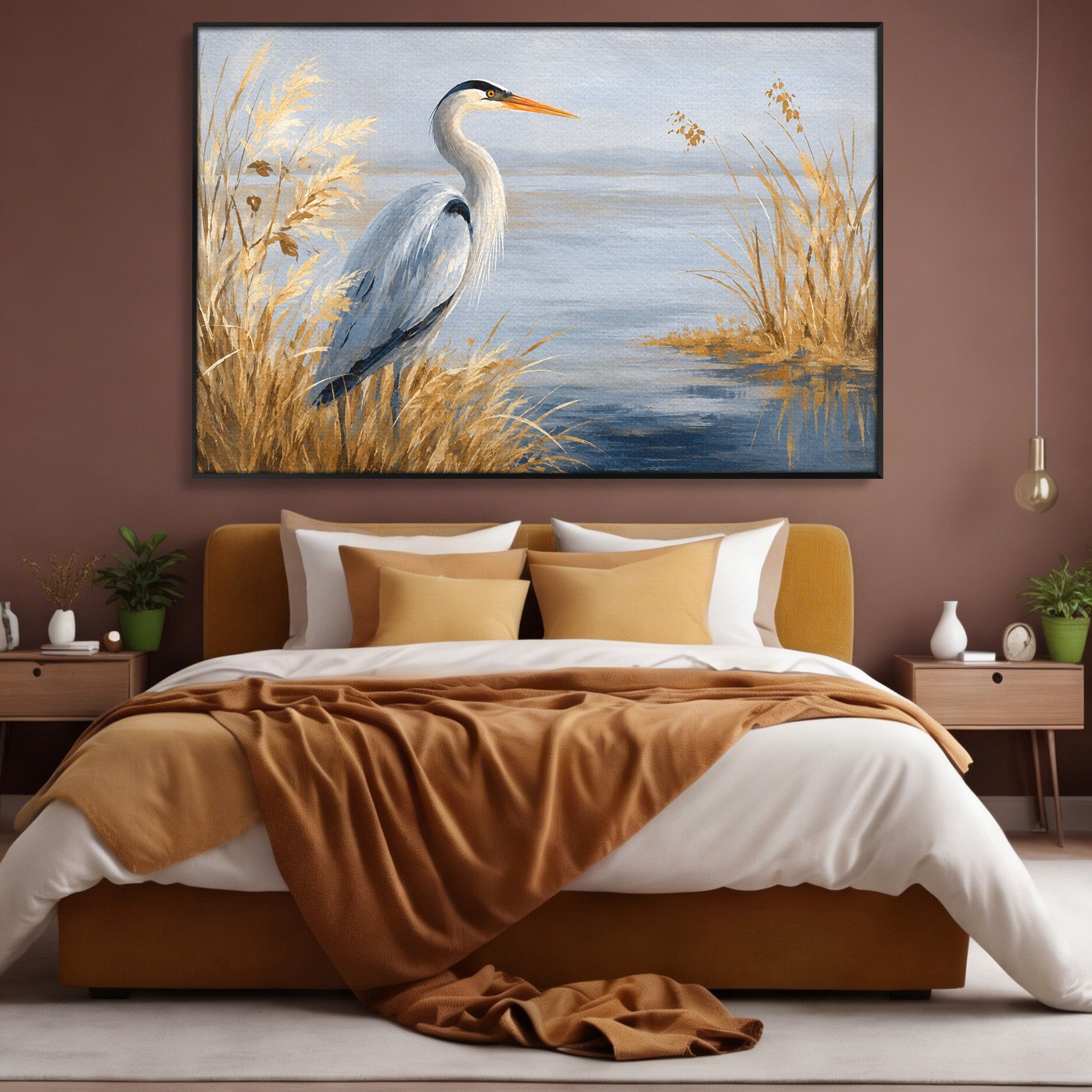 Tablou Canvas Premium LuxCanva® M1652, Paznicul Lacului, Egreta, Peisaj, Natura, Calm, Living, Birou, Culori Vibrante