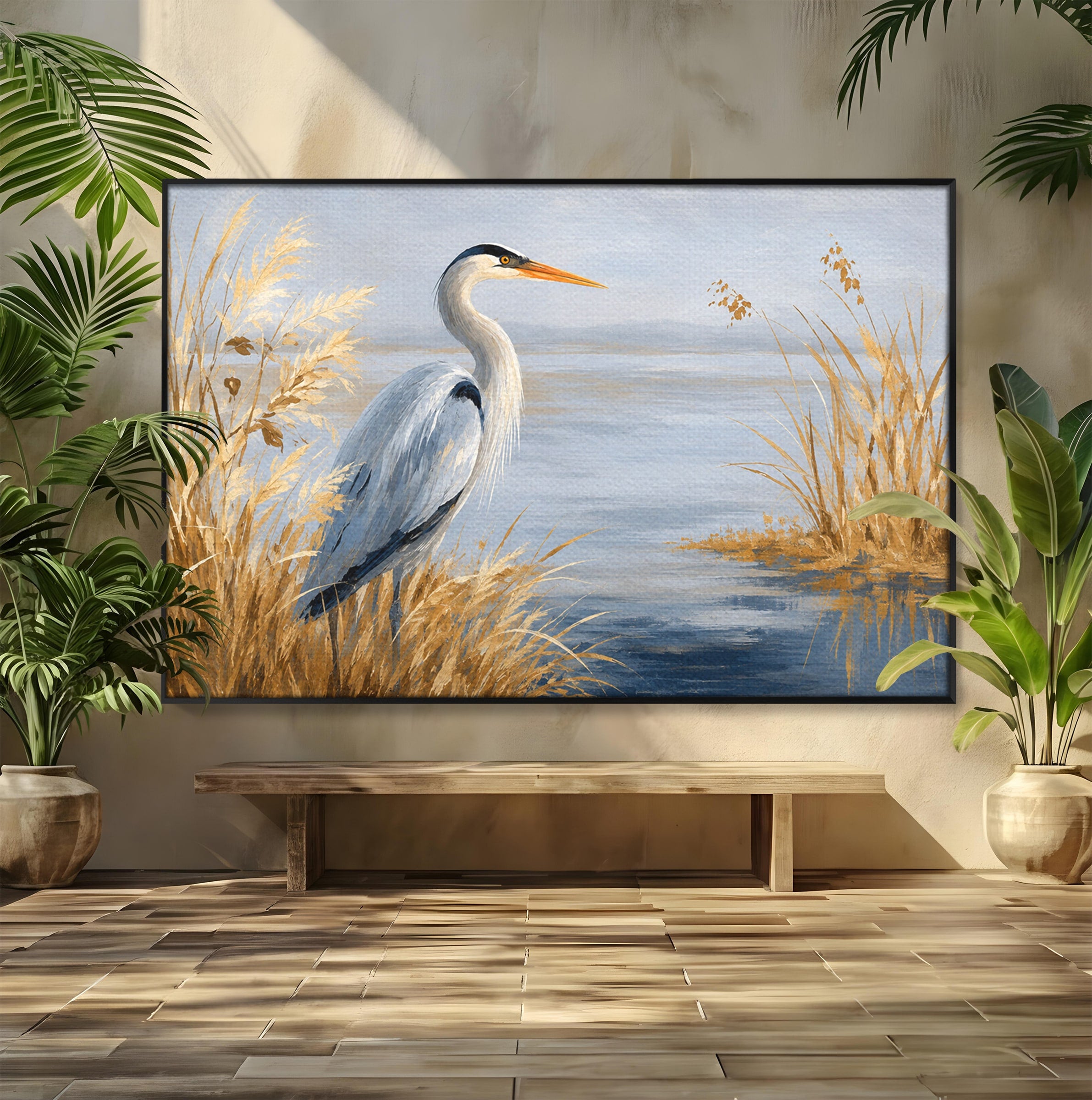 Tablou Canvas Premium LuxCanva® M1652, Paznicul Lacului, Egreta, Peisaj, Natura, Calm, Living, Birou, Culori Vibrante
