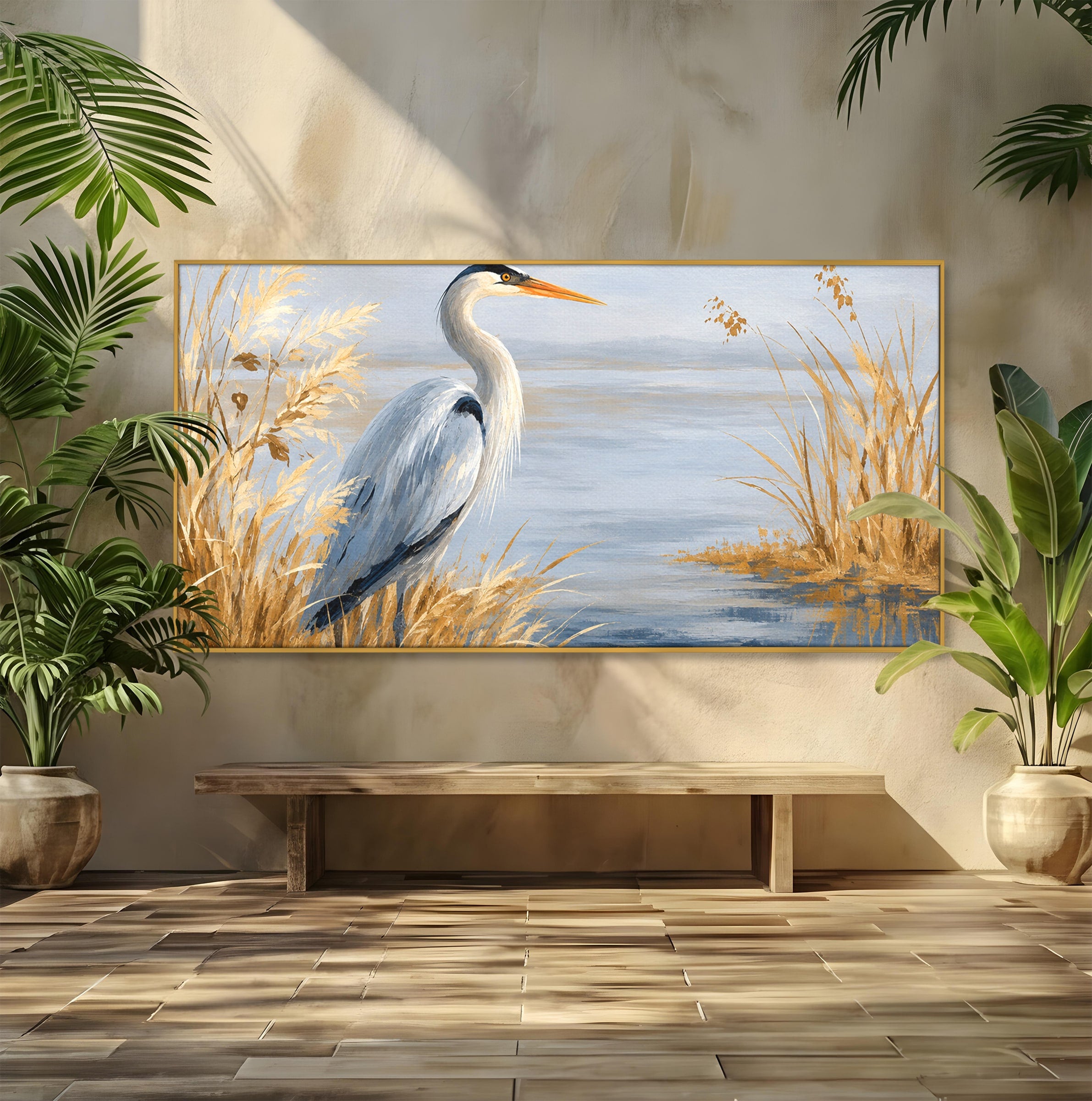 Tablou Canvas Premium LuxCanva® M1652, Paznicul Lacului, Egreta, Peisaj, Natura, Calm, Living, Birou, Culori Vibrante
