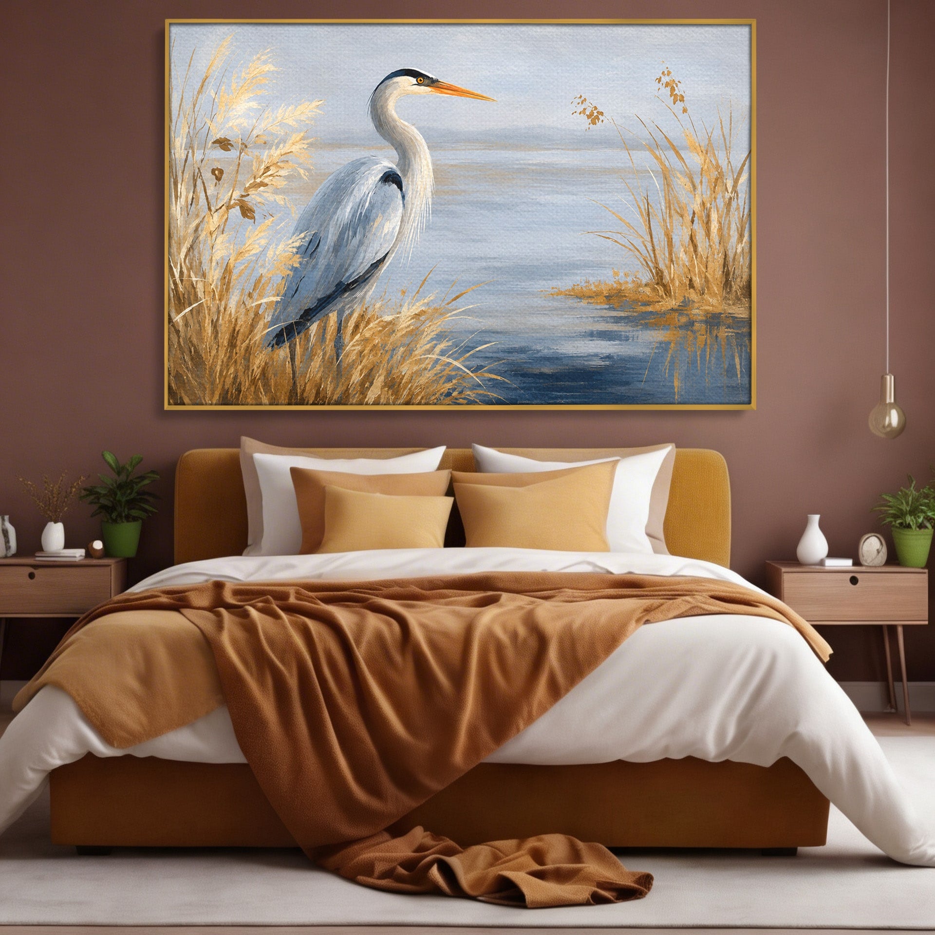 Tablou Canvas Premium LuxCanva® M1652, Paznicul Lacului, Egreta, Peisaj, Natura, Calm, Living, Birou, Culori Vibrante