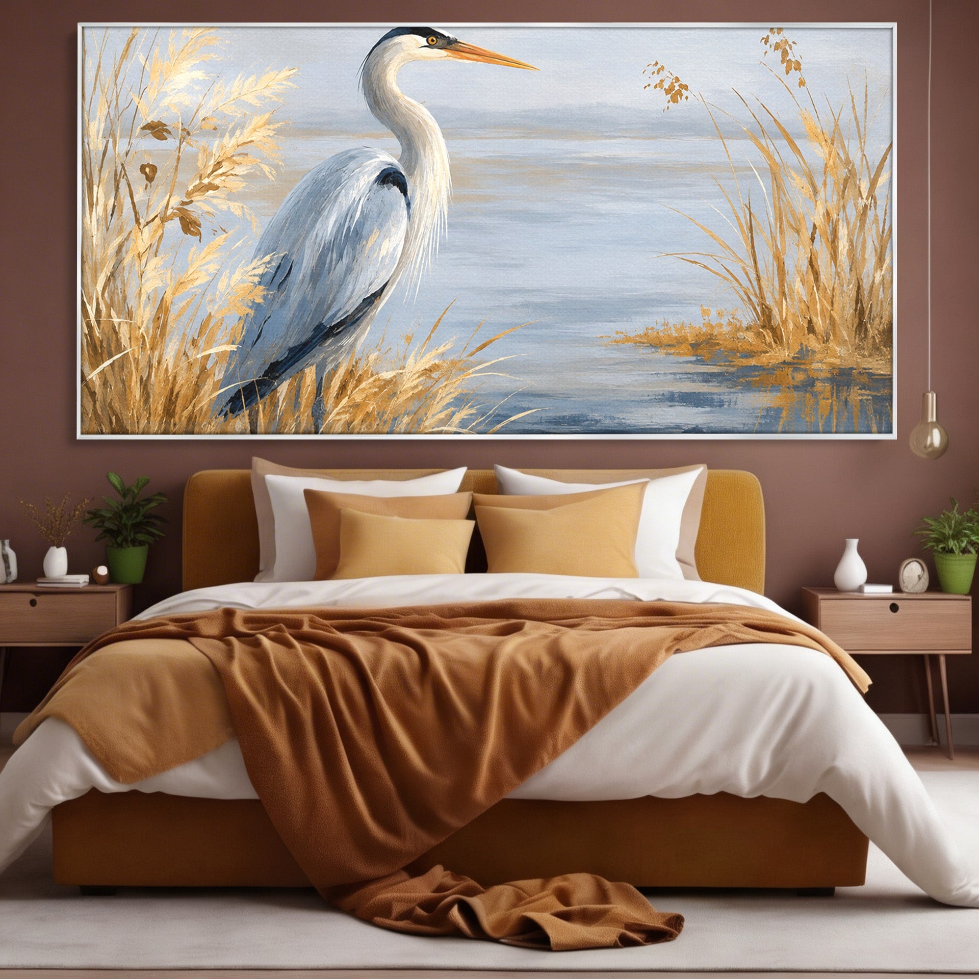 Tablou Canvas Premium LuxCanva® M1652, Paznicul Lacului, Egreta, Peisaj, Natura, Calm, Living, Birou, Culori Vibrante