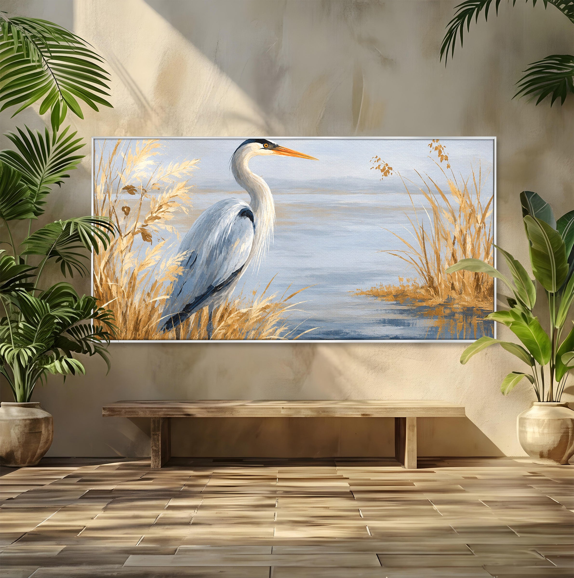 Tablou Canvas Premium LuxCanva® M1652, Paznicul Lacului, Egreta, Peisaj, Natura, Calm, Living, Birou, Culori Vibrante