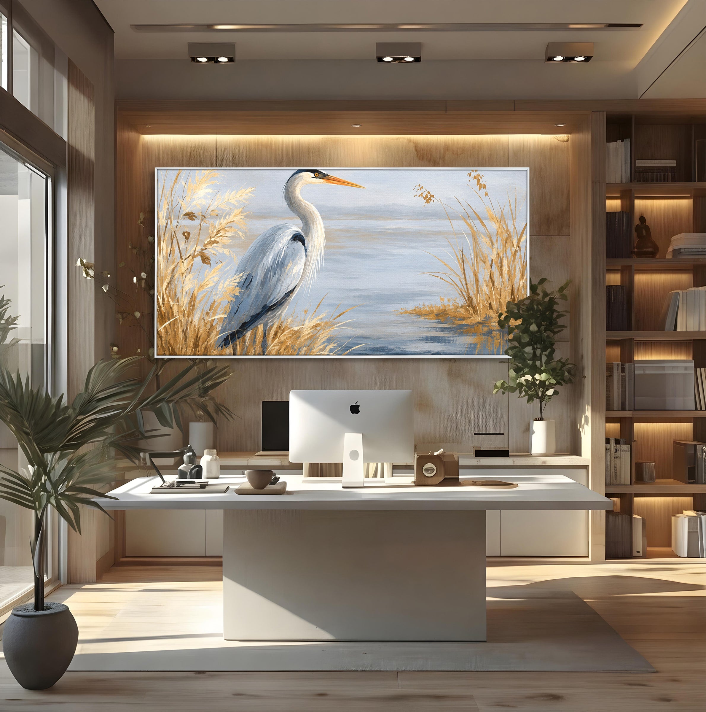 Tablou Canvas Premium LuxCanva® M1652, Paznicul Lacului, Egreta, Peisaj, Natura, Calm, Living, Birou, Culori Vibrante