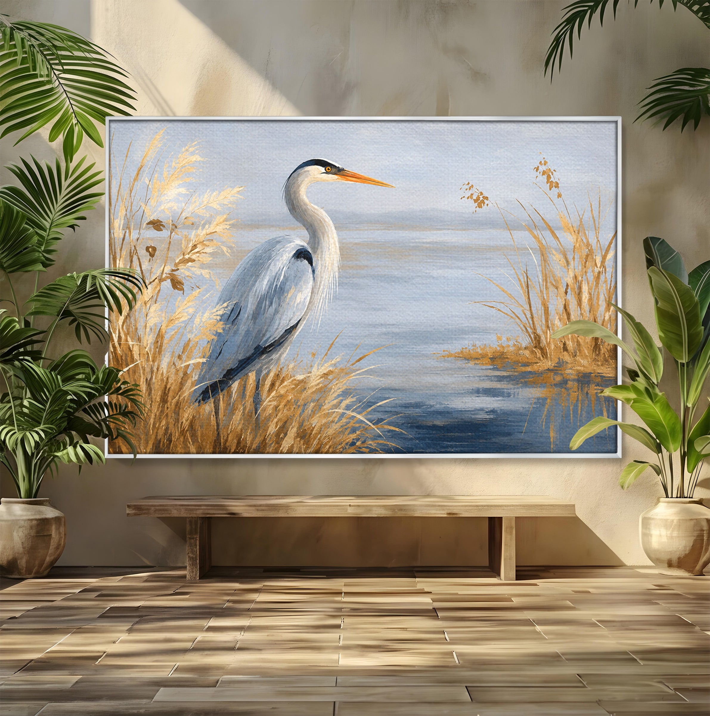 Tablou Canvas Premium LuxCanva® M1652, Paznicul Lacului, Egreta, Peisaj, Natura, Calm, Living, Birou, Culori Vibrante