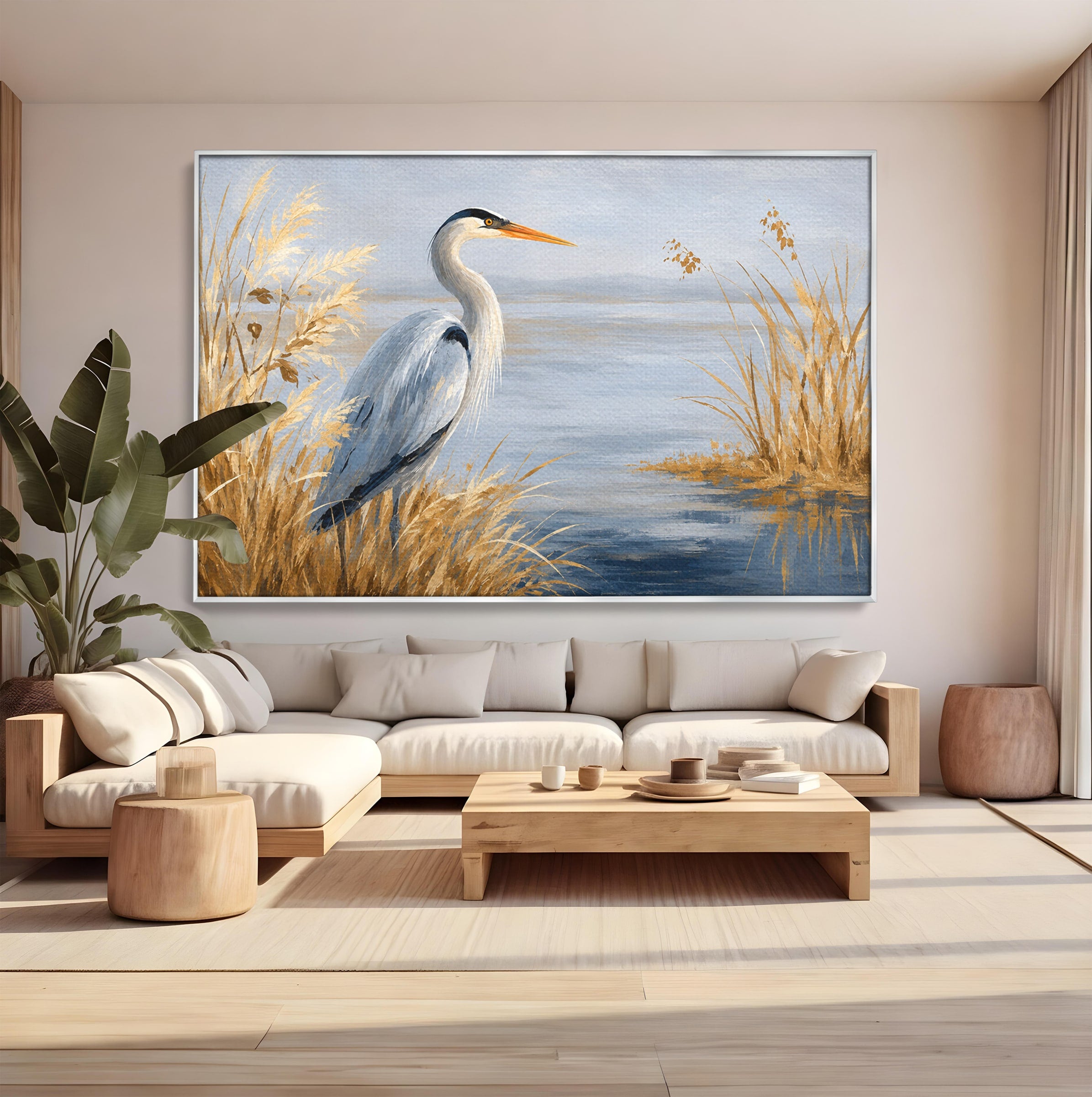 Tablou Canvas Premium LuxCanva® M1652, Paznicul Lacului, Egreta, Peisaj, Natura, Calm, Living, Birou, Culori Vibrante